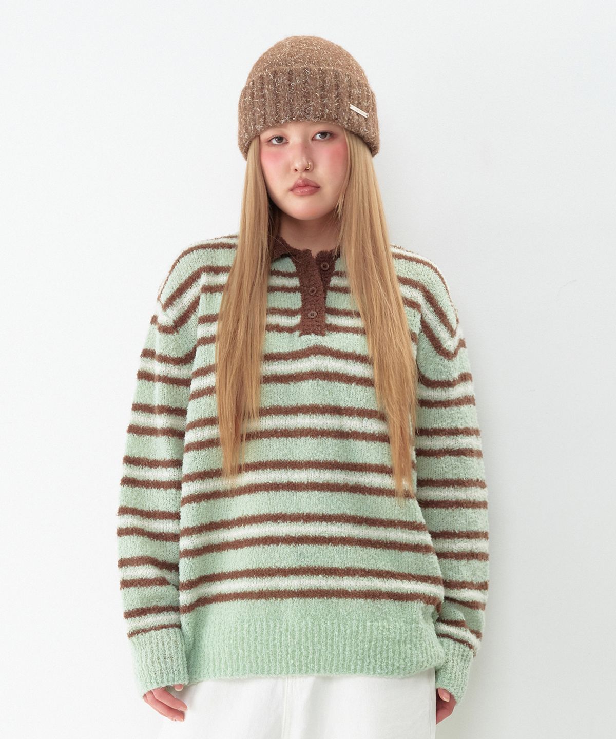 아메스 월드와이드(AMES-WORLDWIDE) BUTTON COLLAR STRIPE KNIT MINT