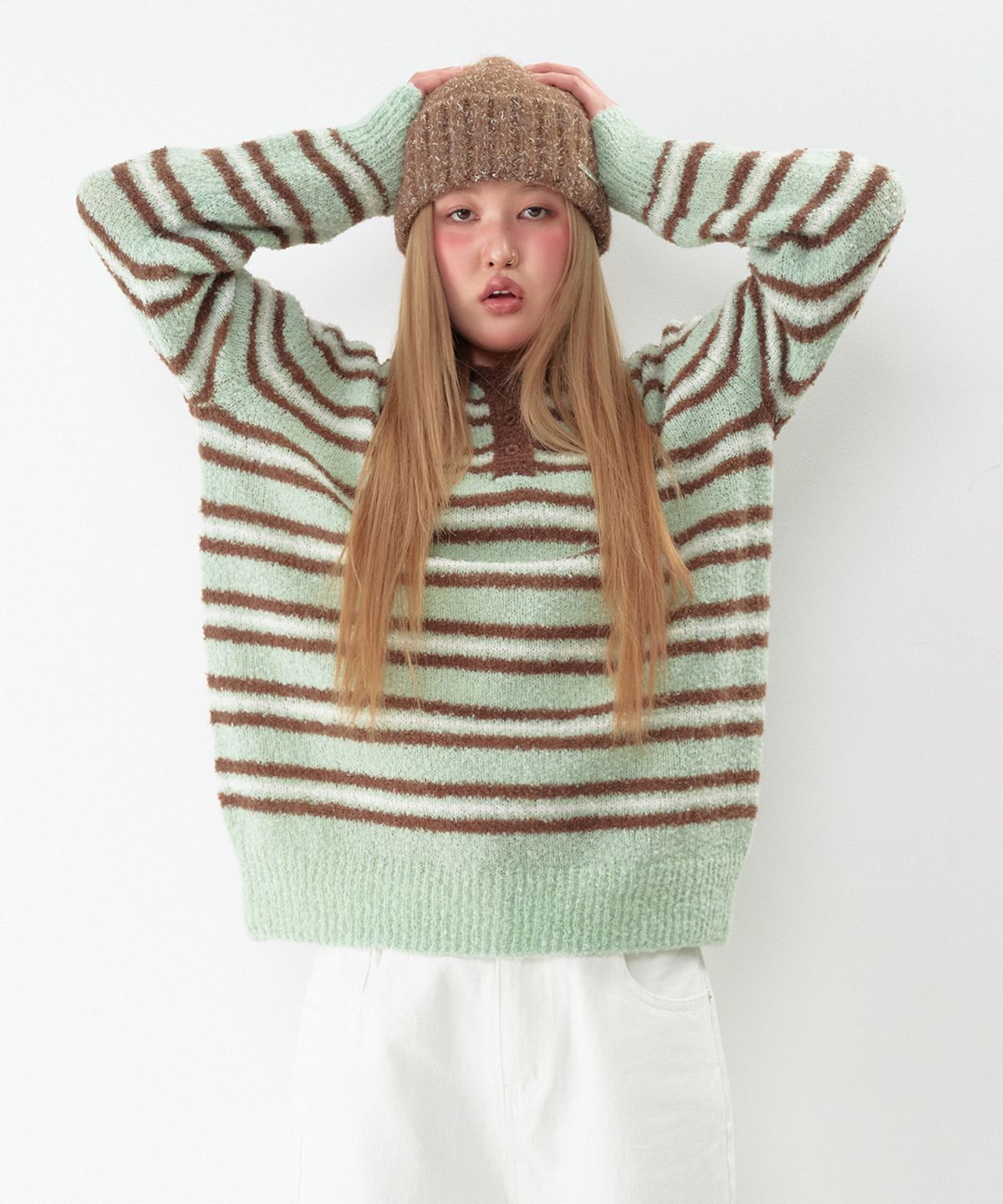아메스 월드와이드(AMES-WORLDWIDE) BUTTON COLLAR STRIPE KNIT MINT