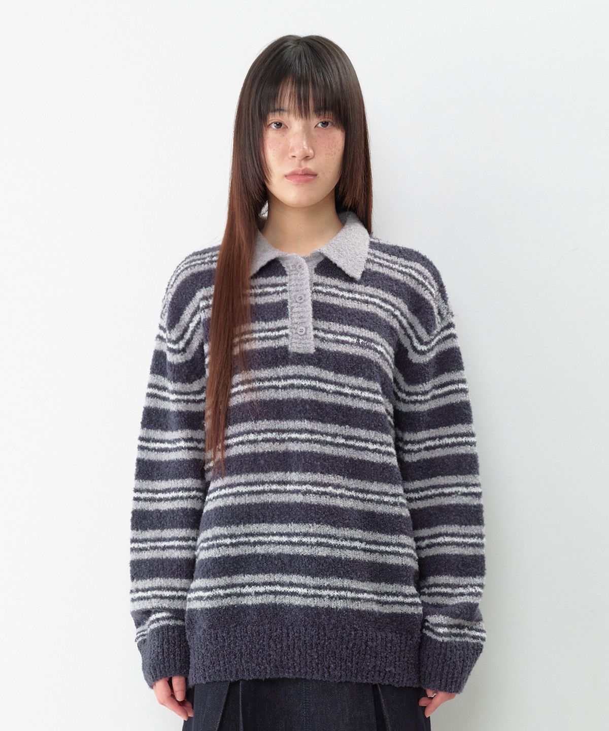 아메스 월드와이드(AMES-WORLDWIDE) BUTTON COLLAR STRIPE KNIT NAVY