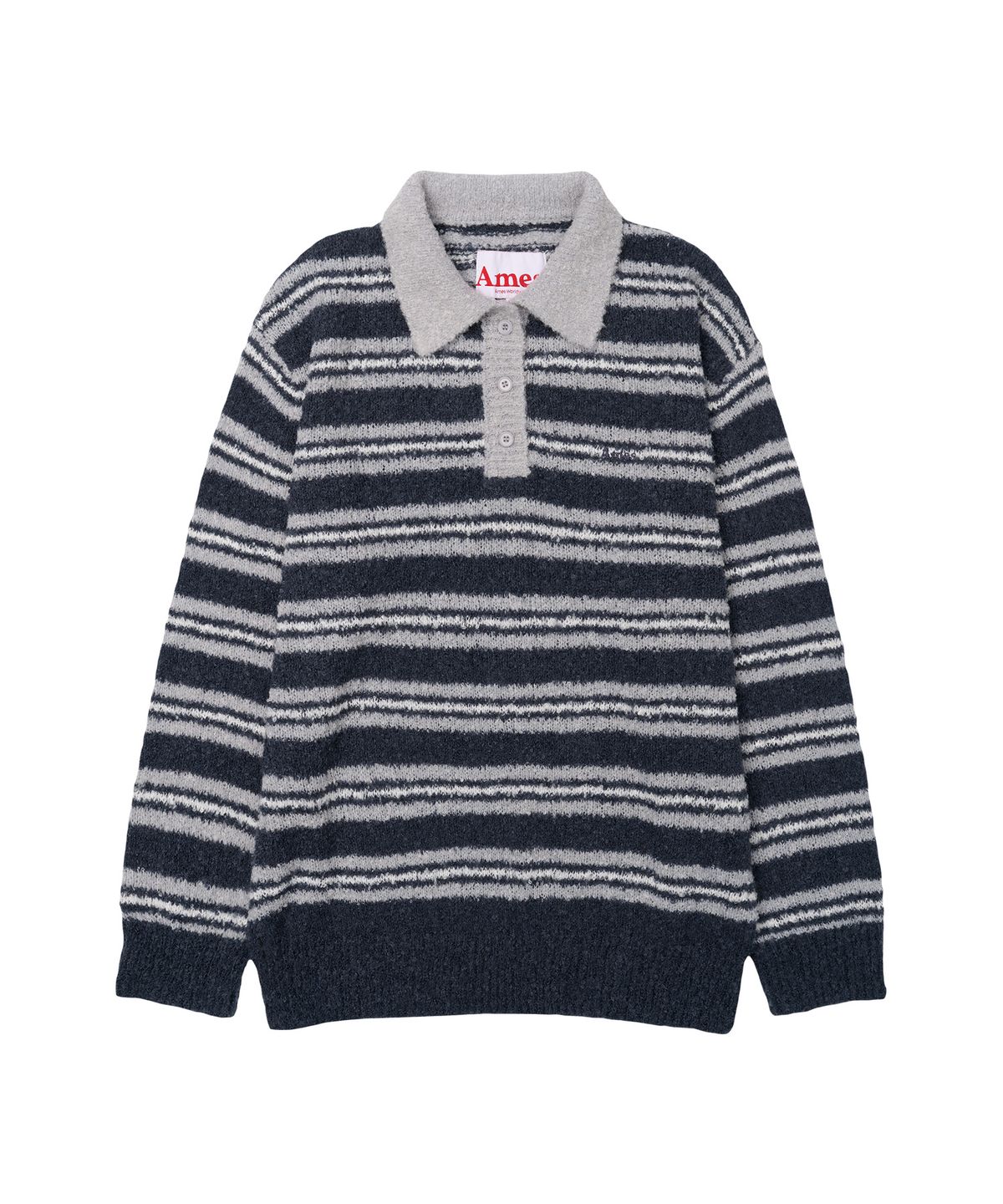 아메스 월드와이드(AMES-WORLDWIDE) BUTTON COLLAR STRIPE KNIT NAVY