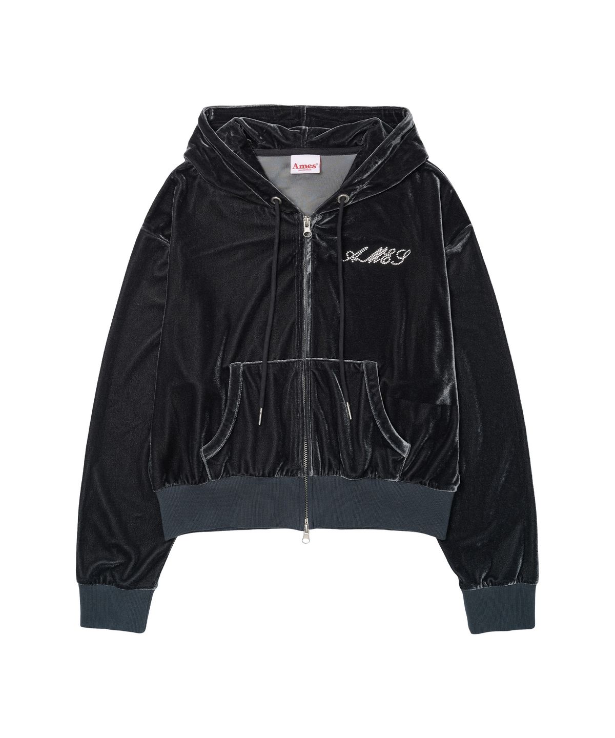 아메스 월드와이드(AMES-WORLDWIDE) HOTFIX VELOUR HOODIE ZIP-UP CHARCOAL