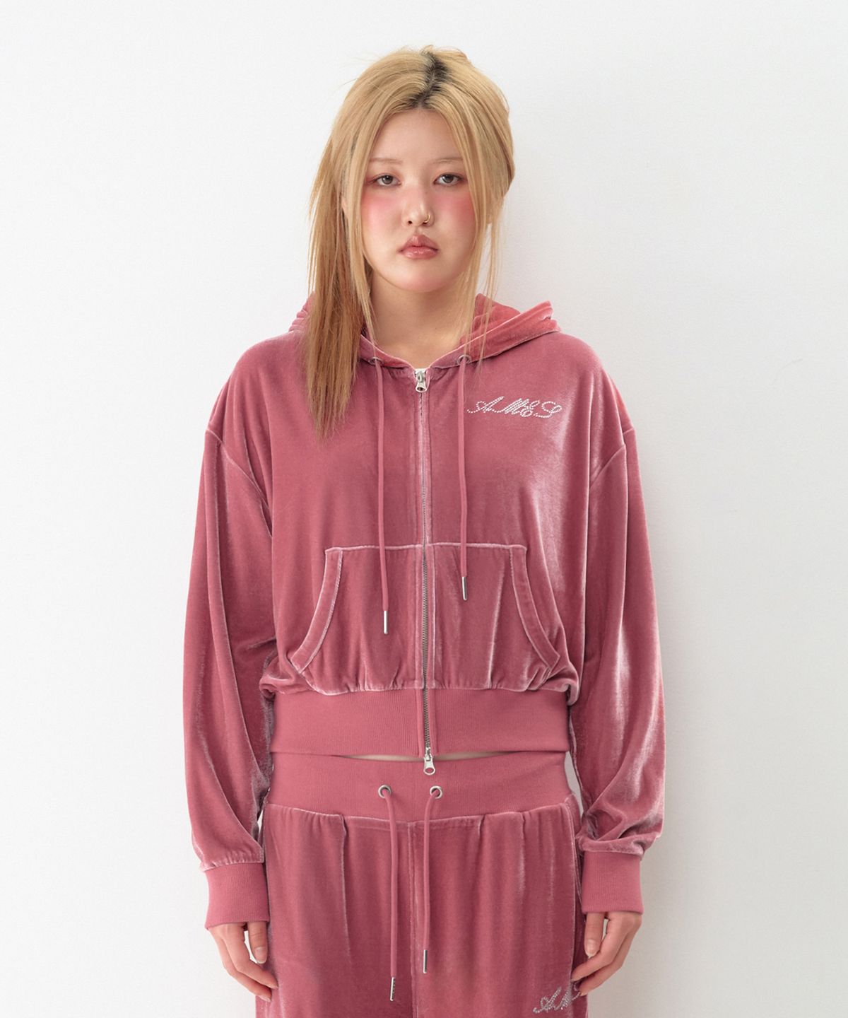 아메스 월드와이드(AMES-WORLDWIDE) HOTFIX VELOUR HOODIE ZIP-UP PINK