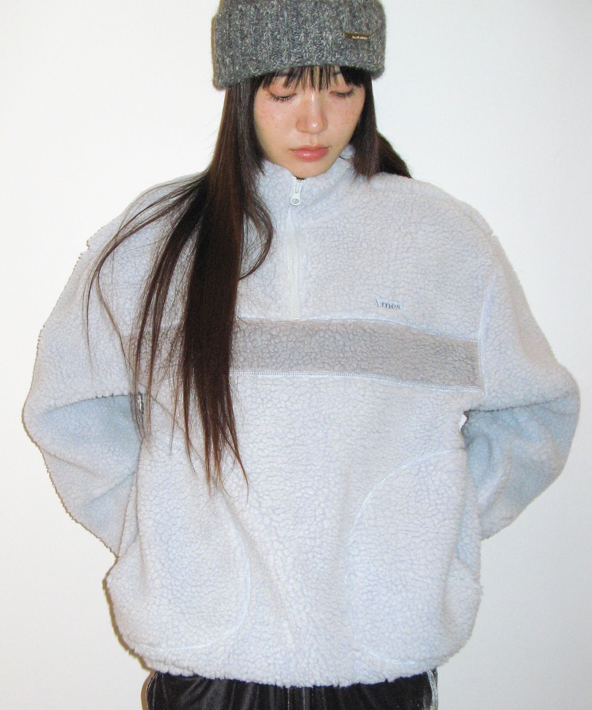 아메스 월드와이드(AMES-WORLDWIDE) COLOR BLOCK FLEECE ANORAK LIGHT BLUE