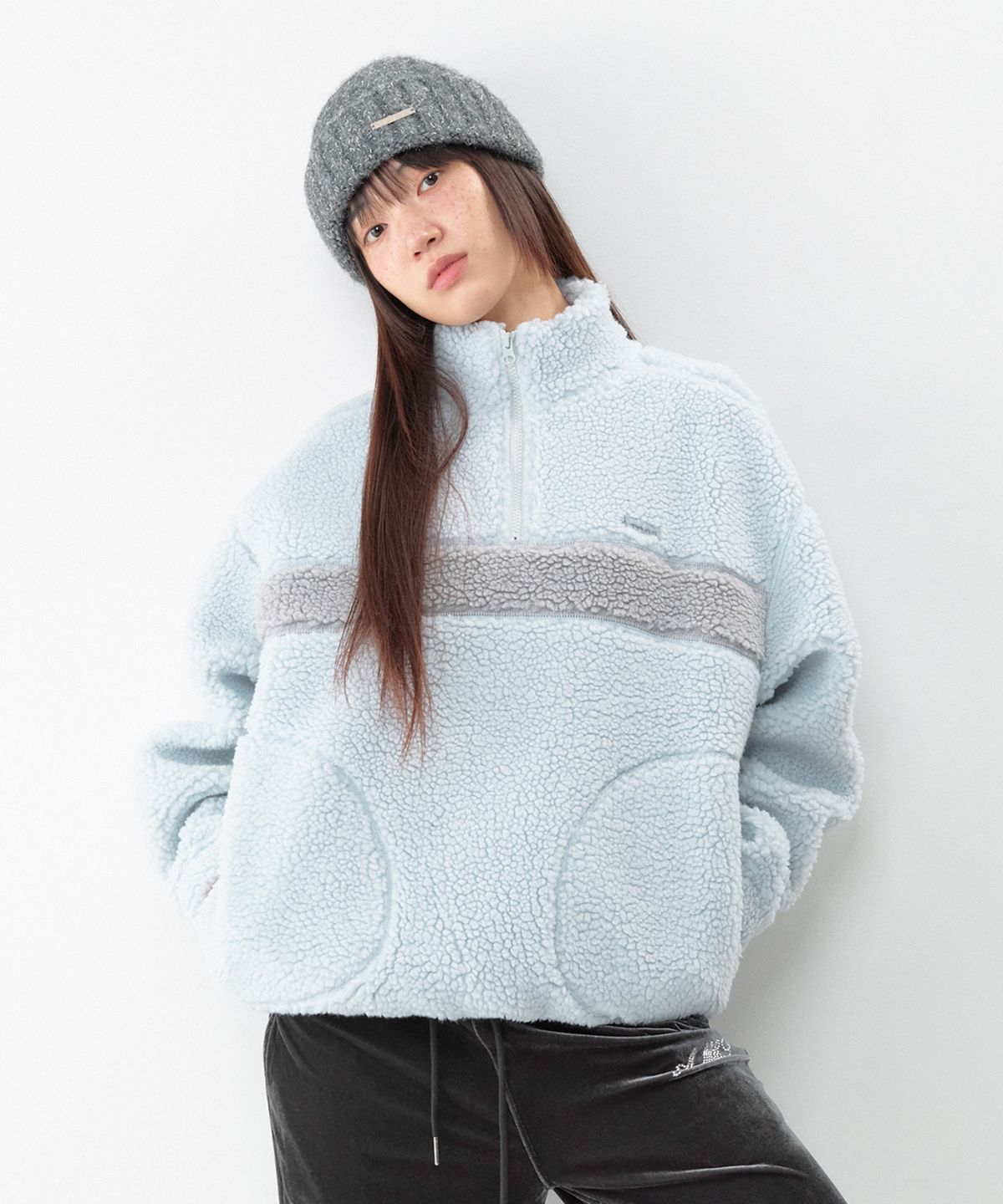 아메스 월드와이드(AMES-WORLDWIDE) COLOR BLOCK FLEECE ANORAK LIGHT BLUE