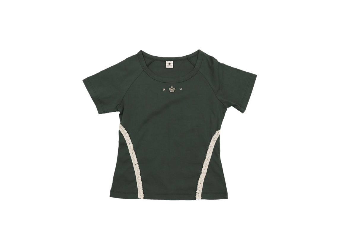 히피하우스(HIPPIE HAUS) Side Lace Tiny Bloom T-shirt_Green