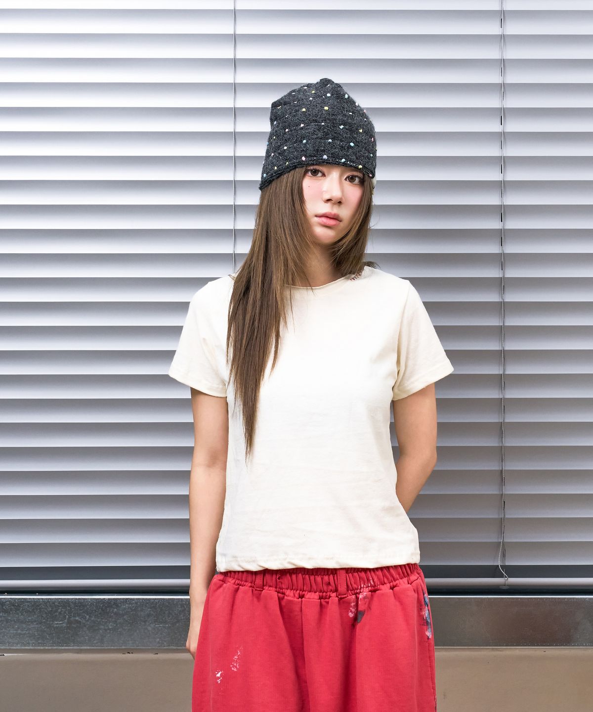 낫뉴(NOT NEW) nn Label Dot Stripe Beanie Charcoal
