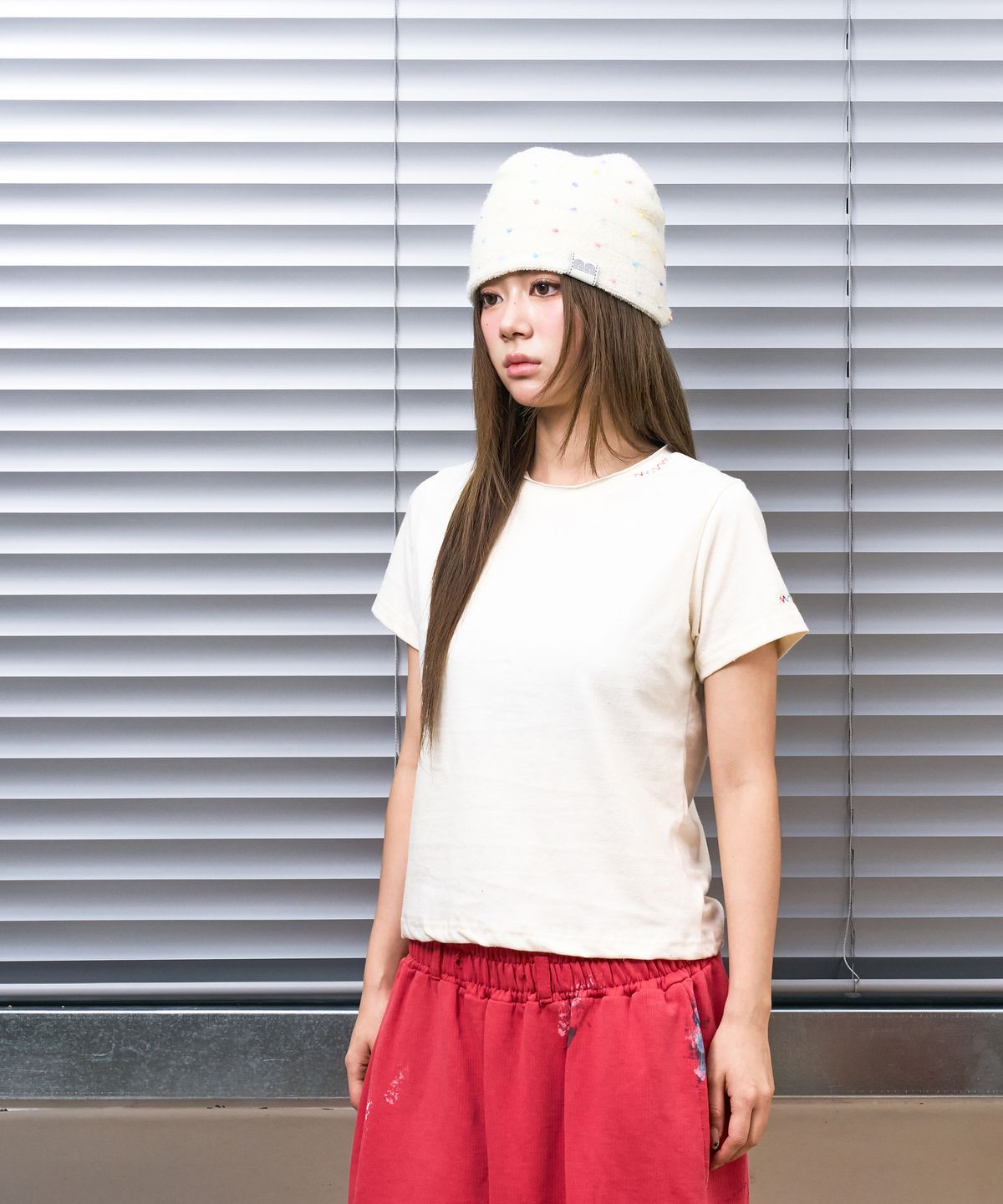 낫뉴(NOT NEW) nn Label Dot Stripe Beanie Cream