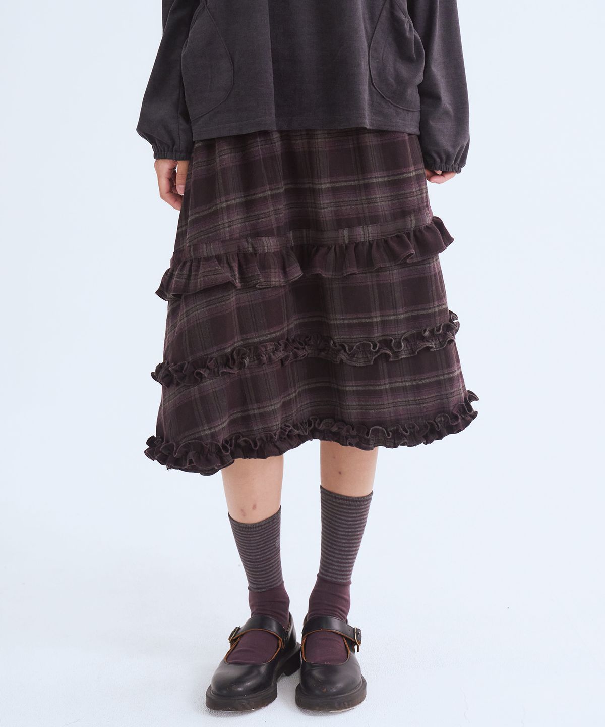 오피쉬(OAFISH) Ruffle Midi Skirt, Purple