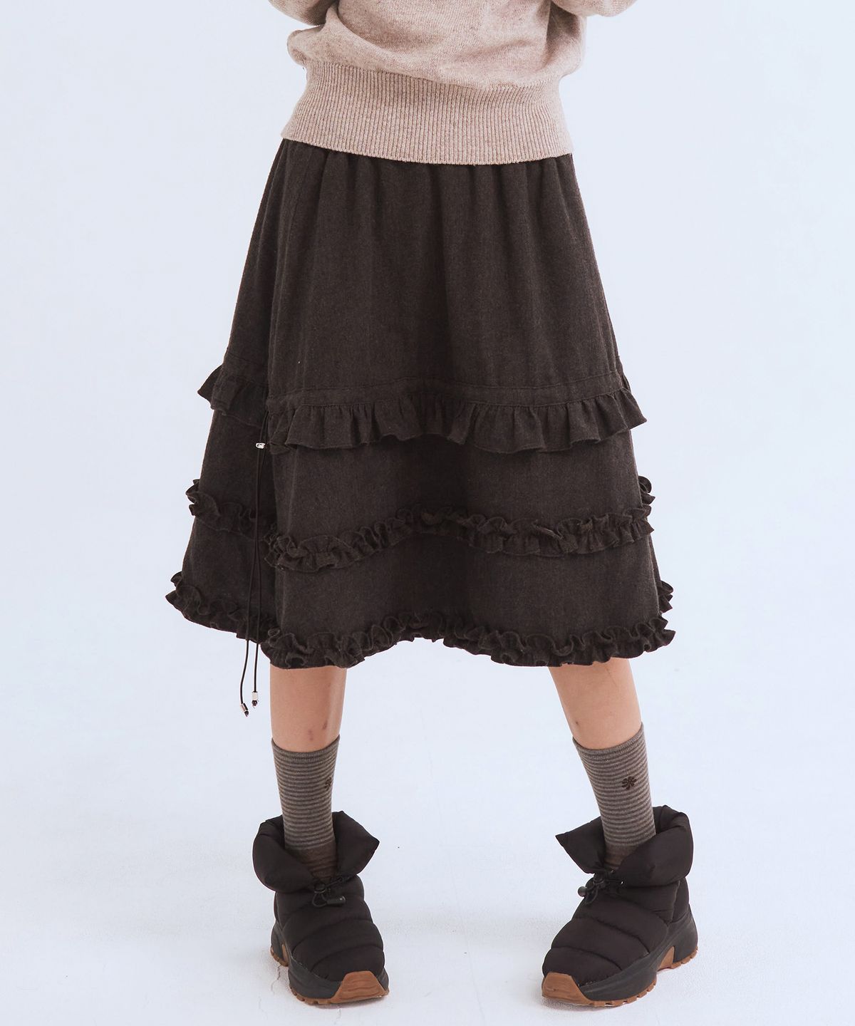 오피쉬(OAFISH) Ruffle Midi Skirt, Dark Brown