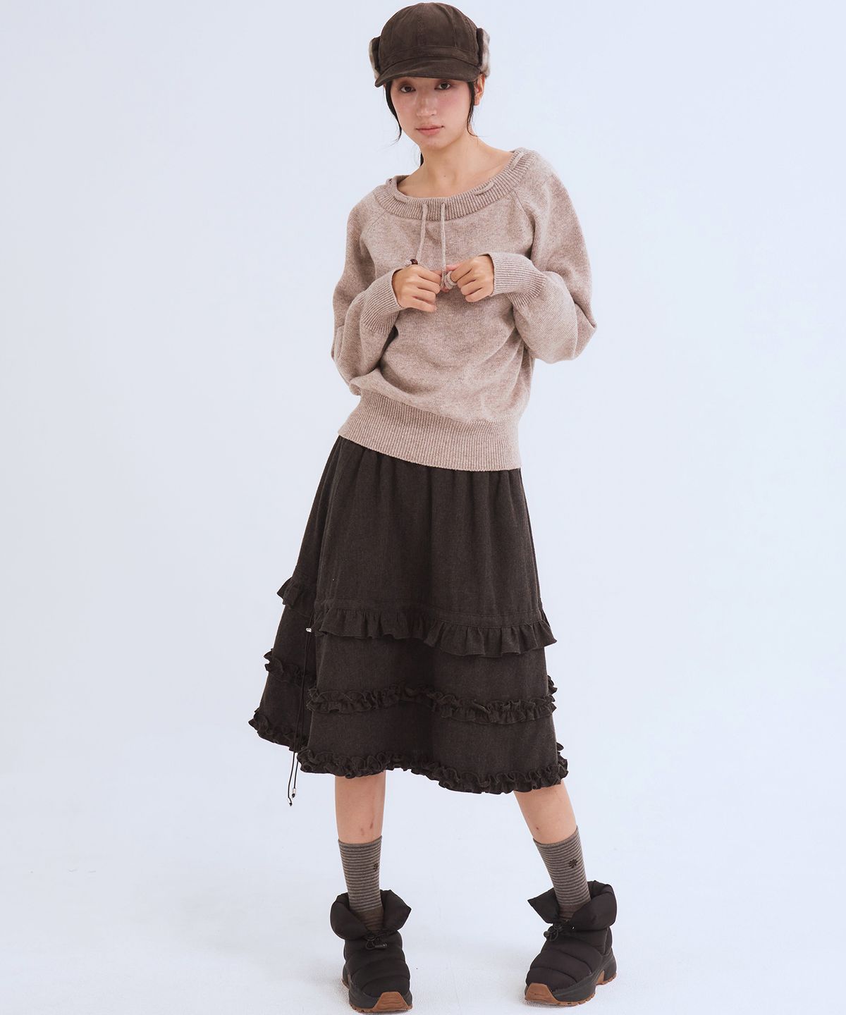오피쉬(OAFISH) Ruffle Midi Skirt, Dark Brown