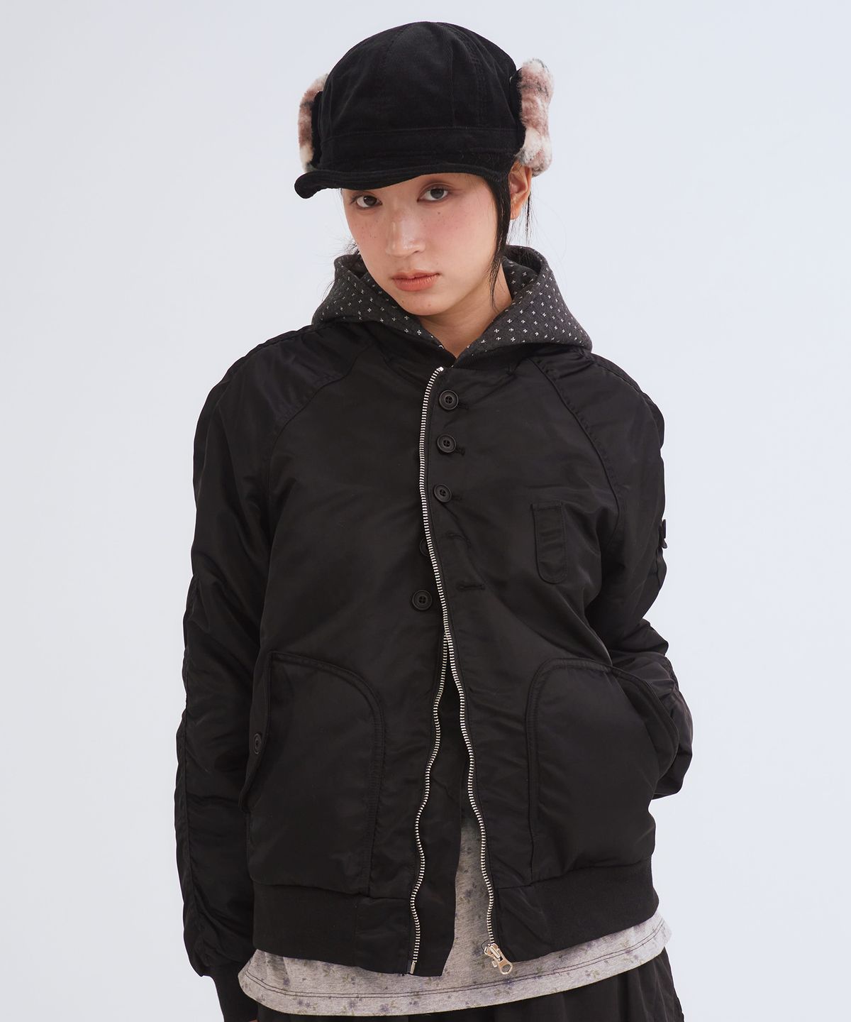 오피쉬(OAFISH) Button Hooded Bomber Jacket, Black