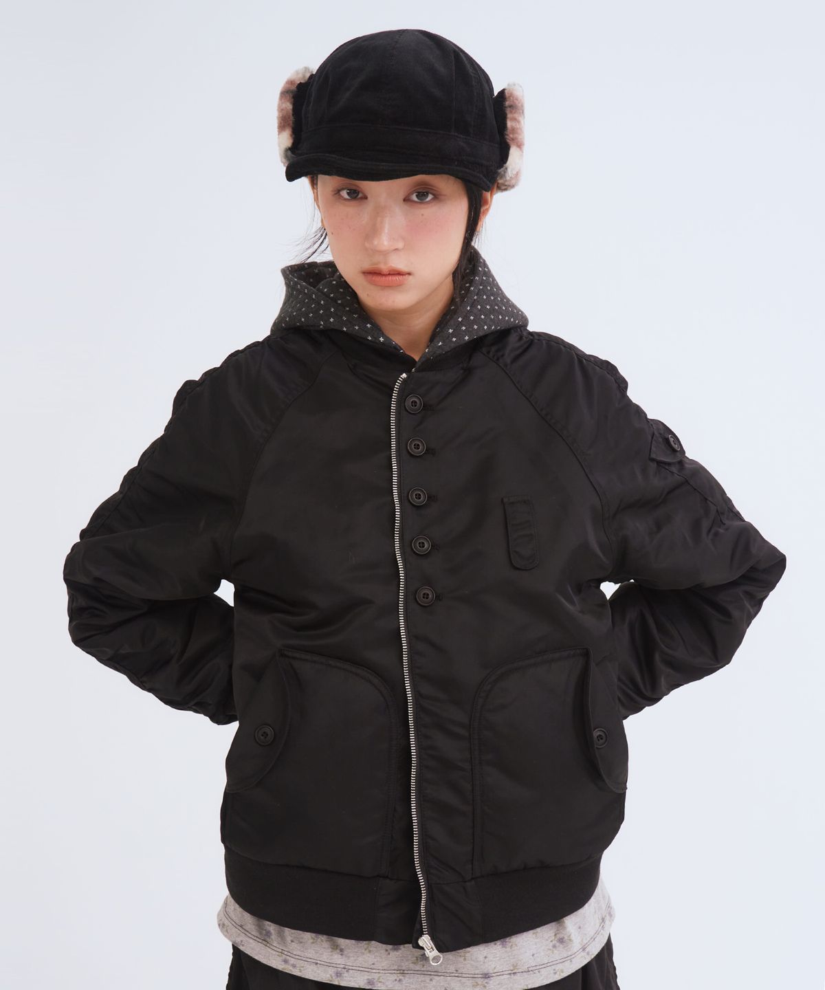 오피쉬(OAFISH) Button Hooded Bomber Jacket, Black