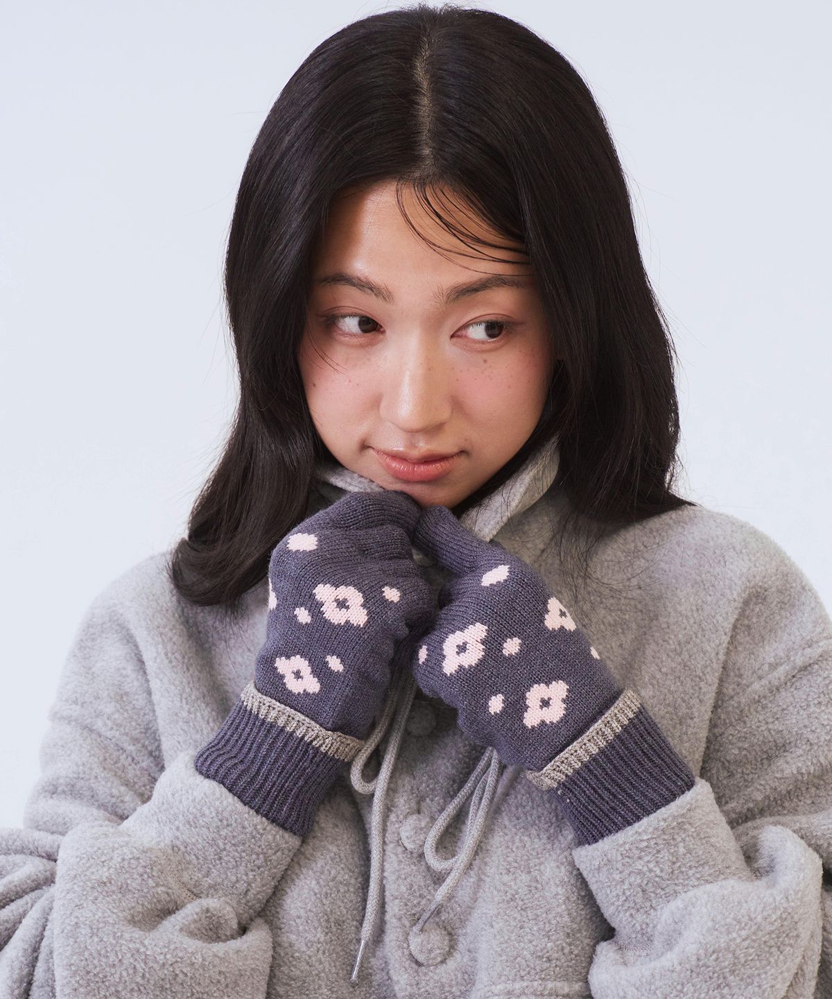 오피쉬(OAFISH) Flower Dot Roll-Up Gloves, Navy