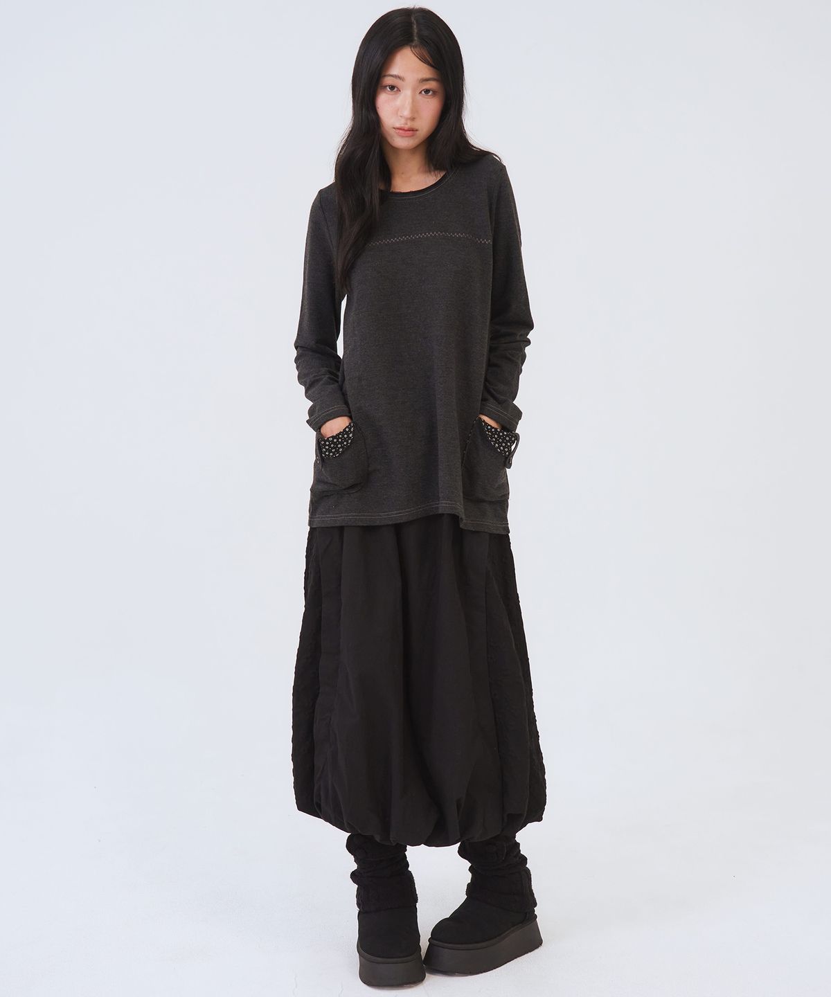 오피쉬(OAFISH) Color-Blocked Balloon Long Skirt, Black