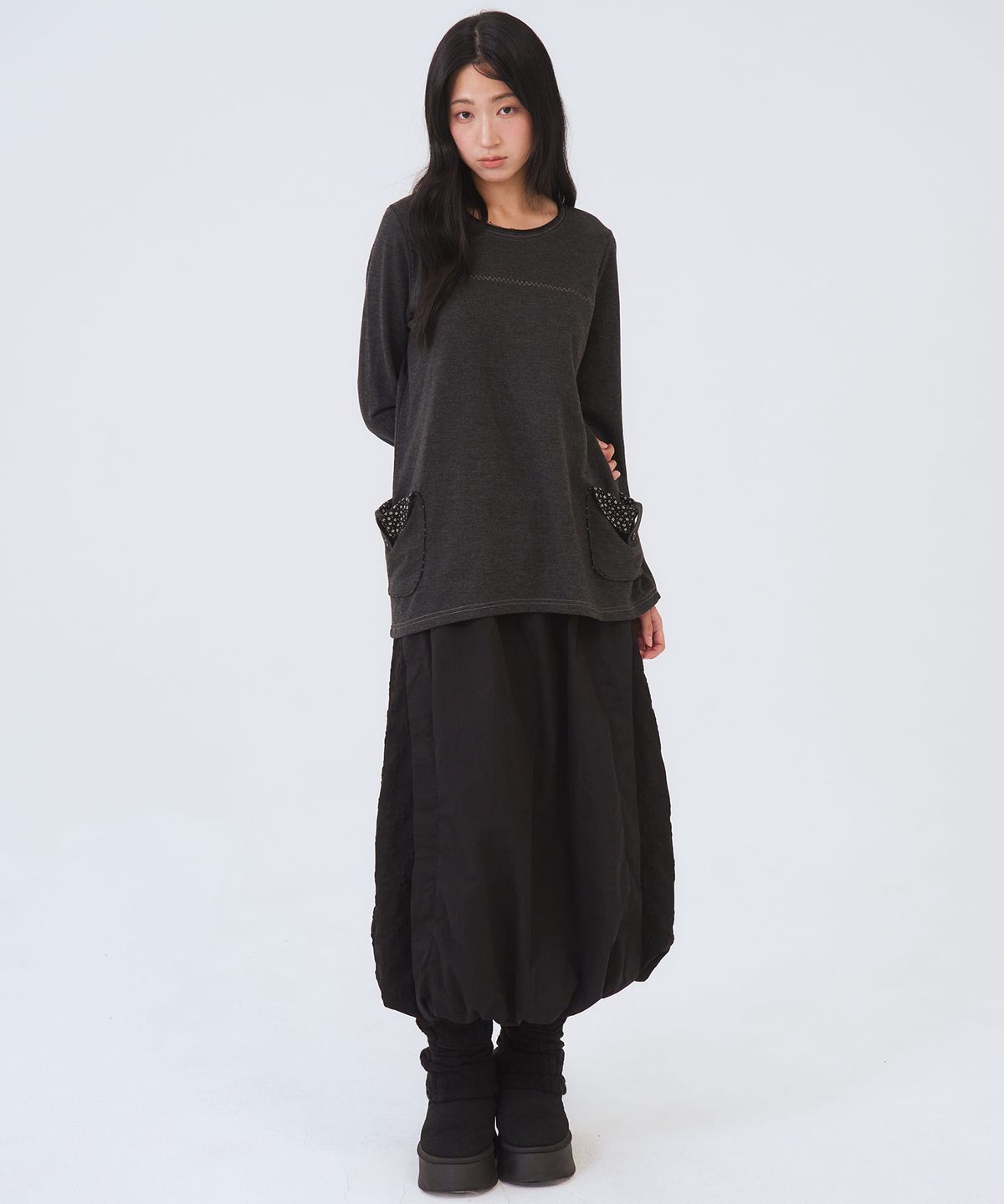 오피쉬(OAFISH) Color-Blocked Balloon Long Skirt, Black