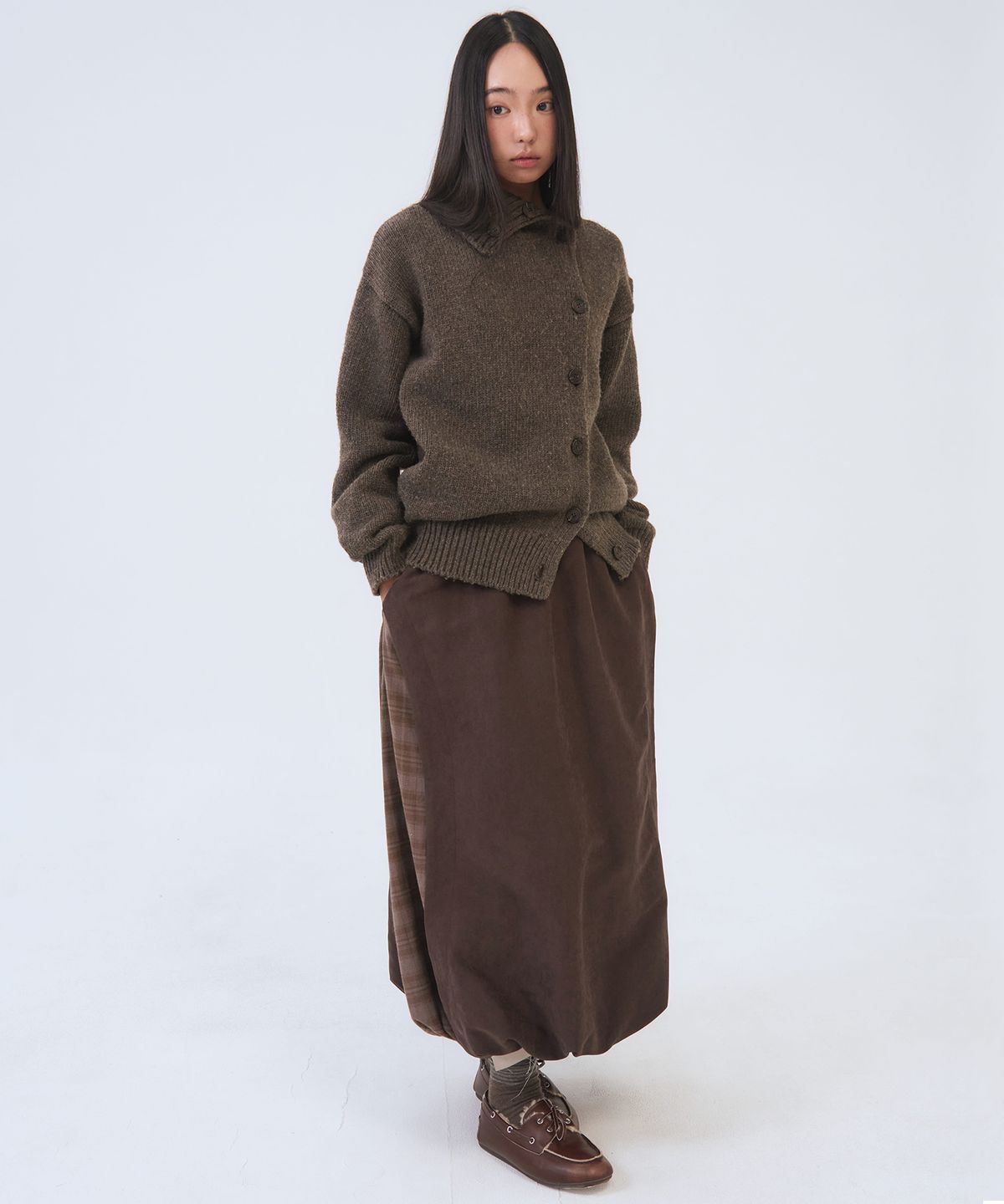 오피쉬(OAFISH) Color-Blocked Balloon Long Skirt, Brown