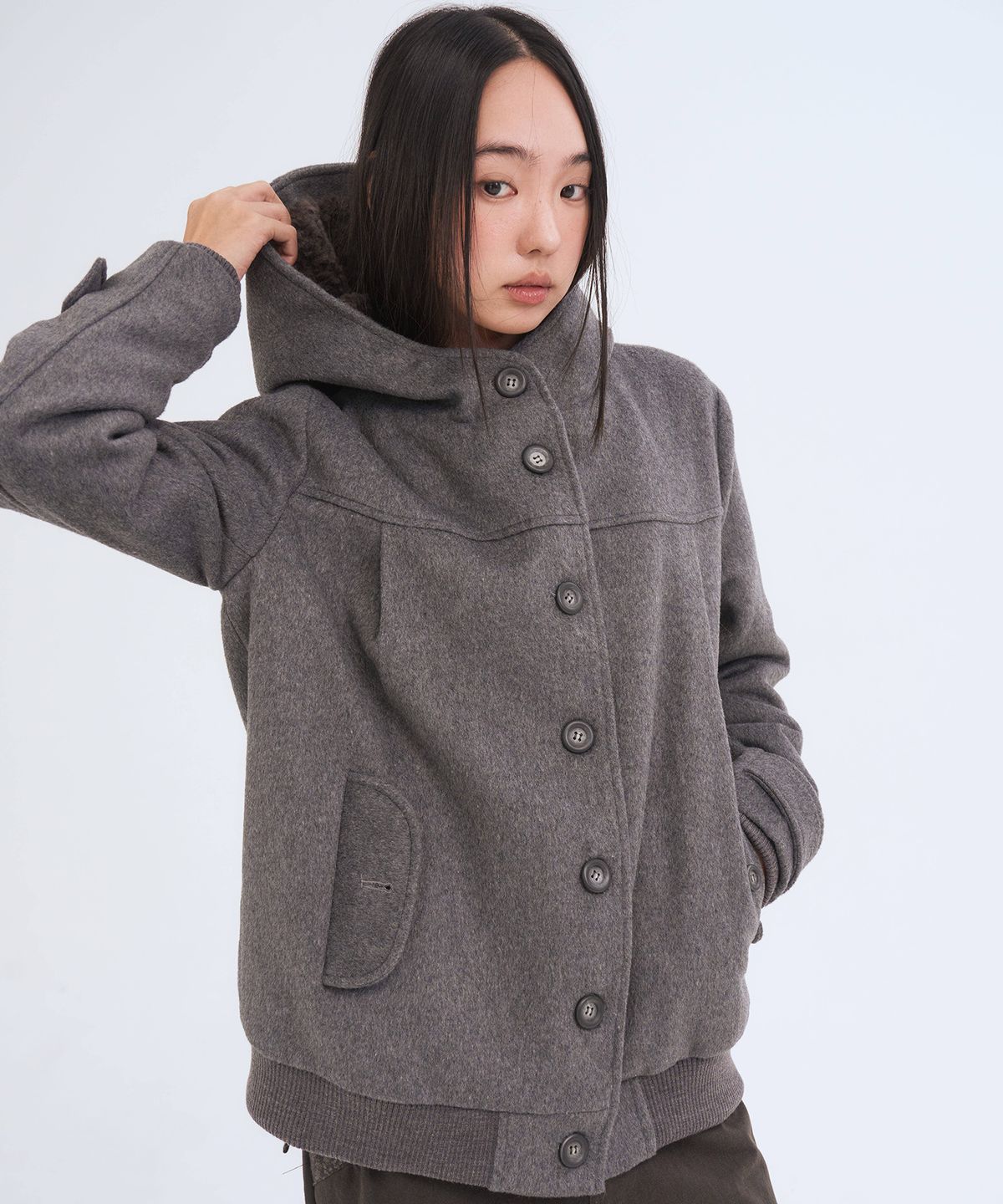 오피쉬(OAFISH) Pintuck Fur Hoodie Coat, Charcoal