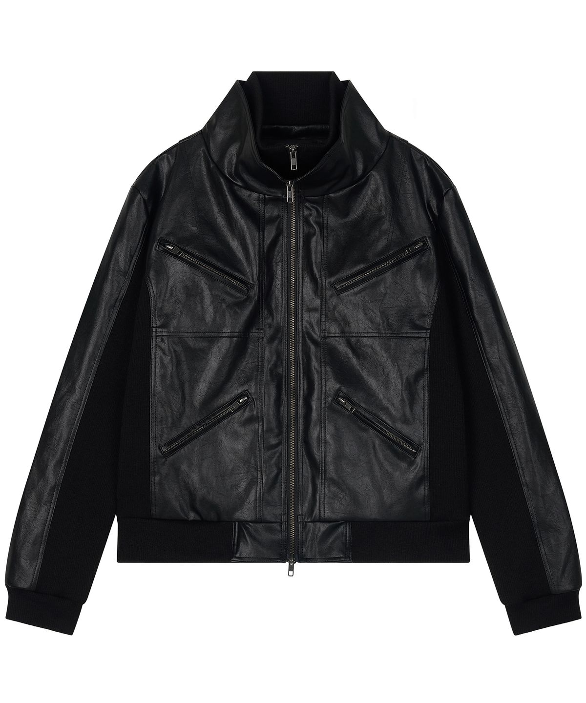 하프앤하프(HALF AND HALF) LAYERED 4-ZIPPER LEATHER HIGH-NECK ZIP-UP
