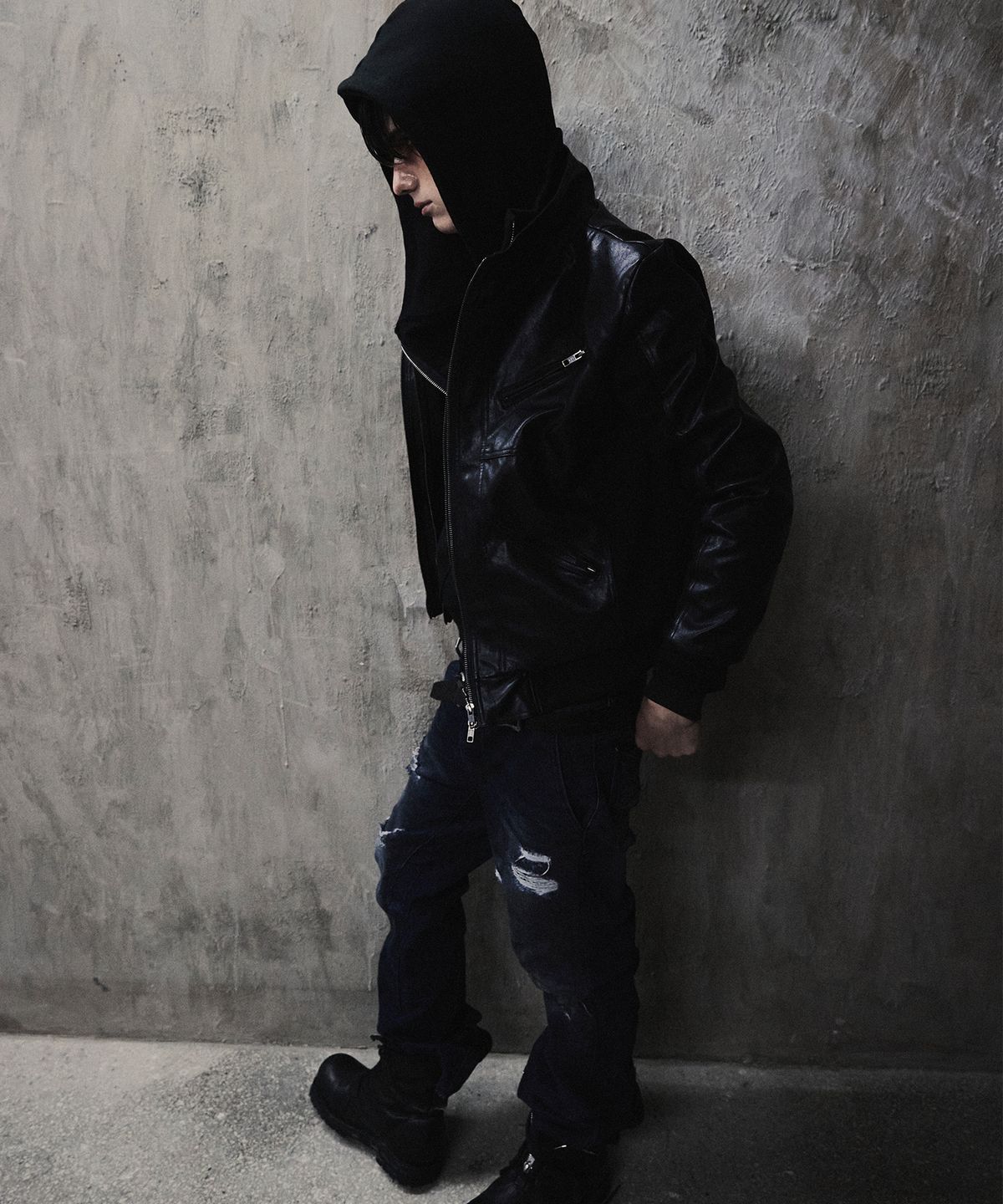 하프앤하프(HALF AND HALF) LAYERED 4-ZIPPER LEATHER HIGH-NECK ZIP-UP