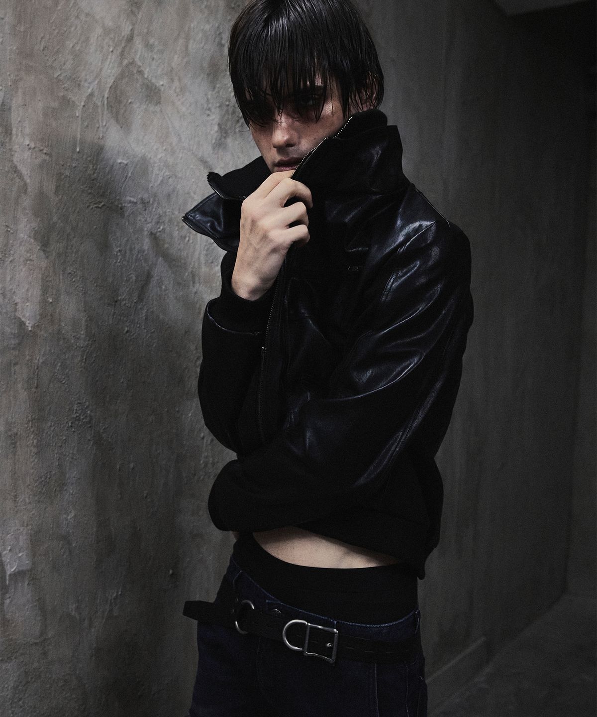 하프앤하프(HALF AND HALF) LAYERED 4-ZIPPER LEATHER HIGH-NECK ZIP-UP