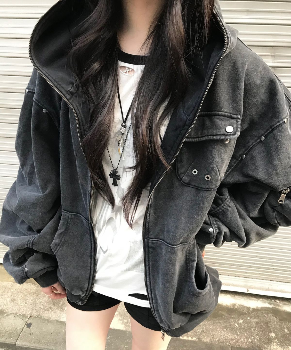 리버뉴스(LIBERALNEWS) RUCHED DISTORTED SLEEVE Zip Hoodie_GRAY