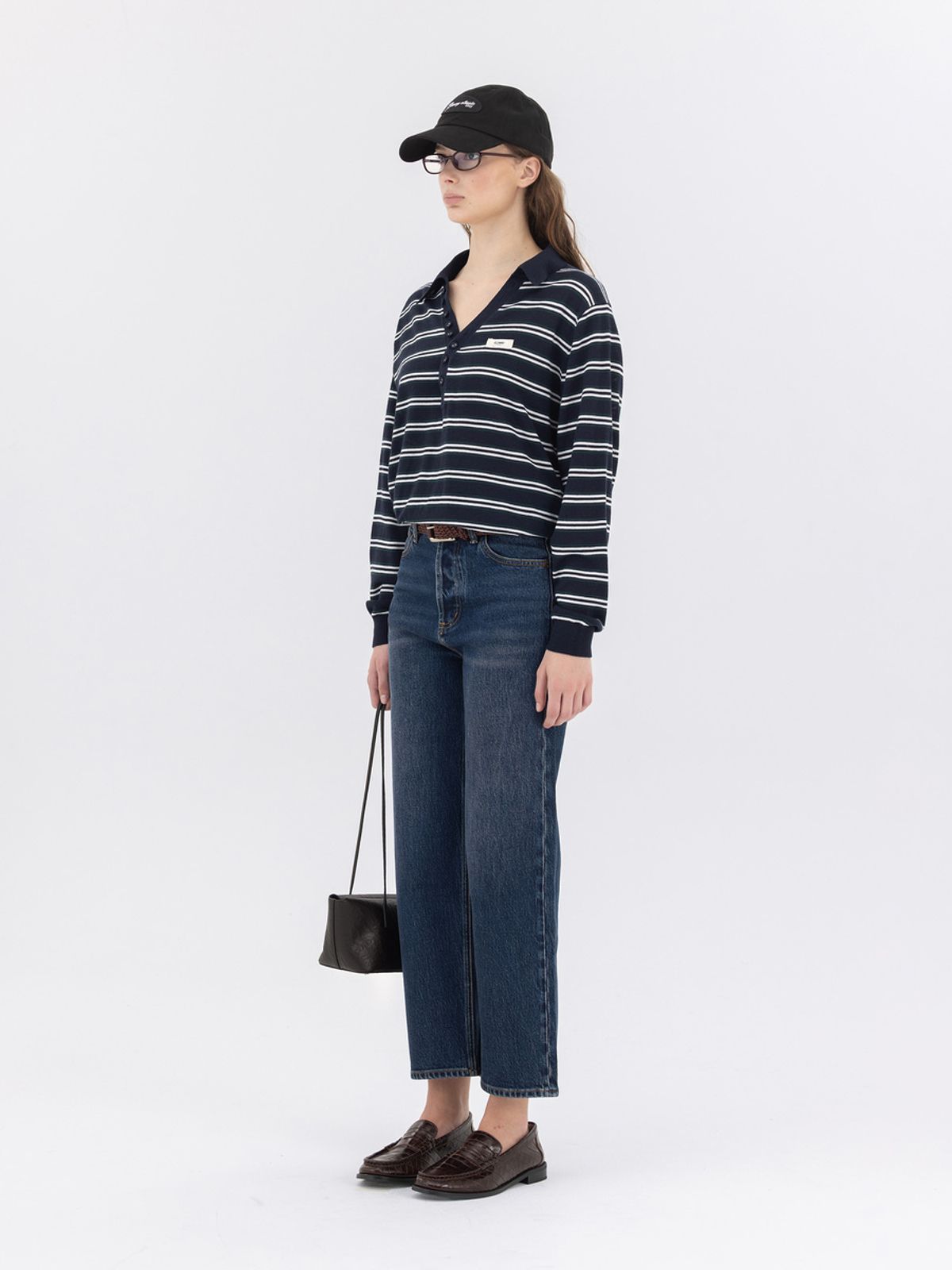 글로니(GLOWNY) 90s HIGH RISE WIDE LEG JEANS (SHORT) (DEEP BLUE)
