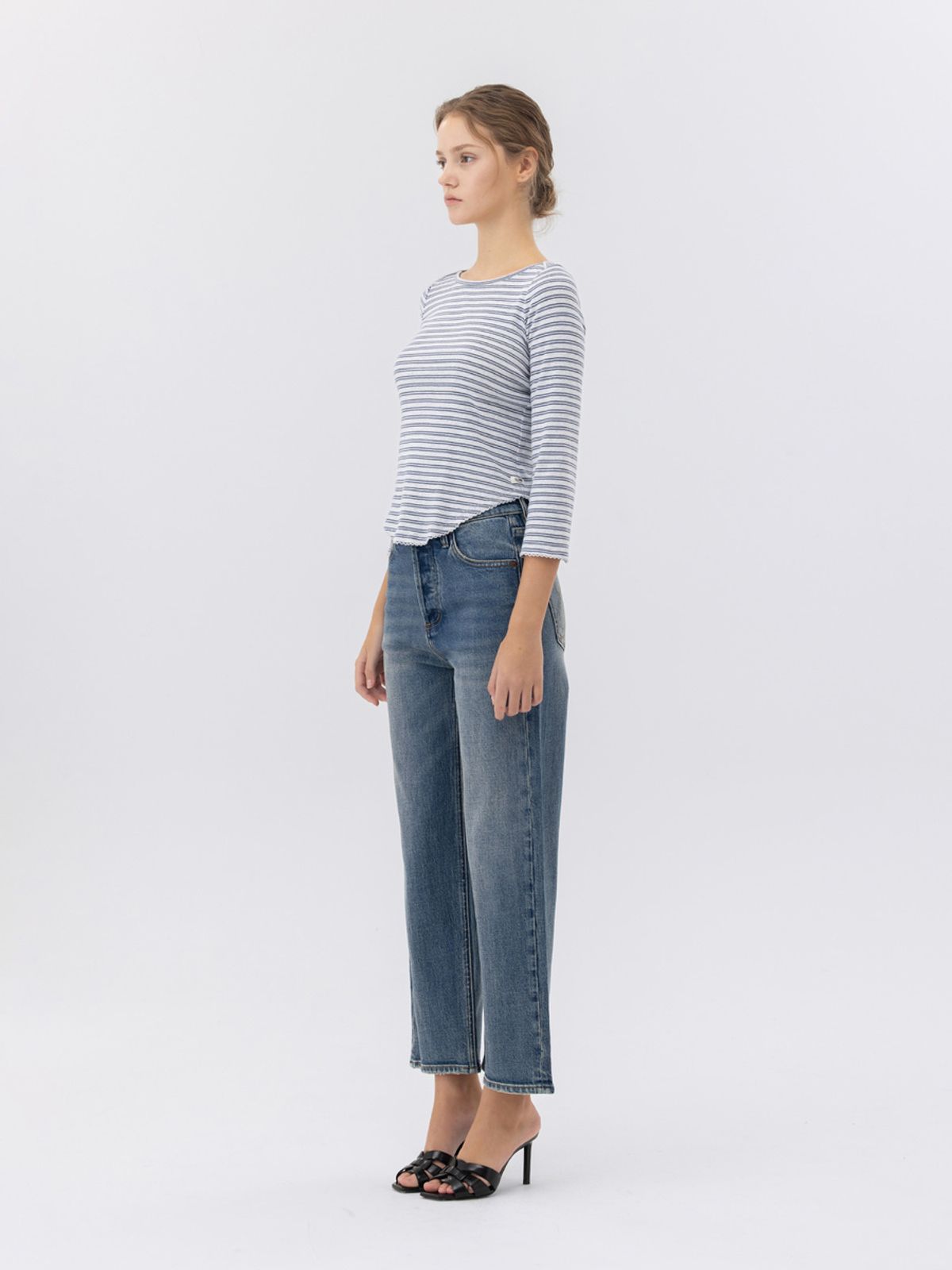 글로니(GLOWNY) 90s HIGH RISE WIDE LEG JEANS (SHORT) (OCEAN BLUE)