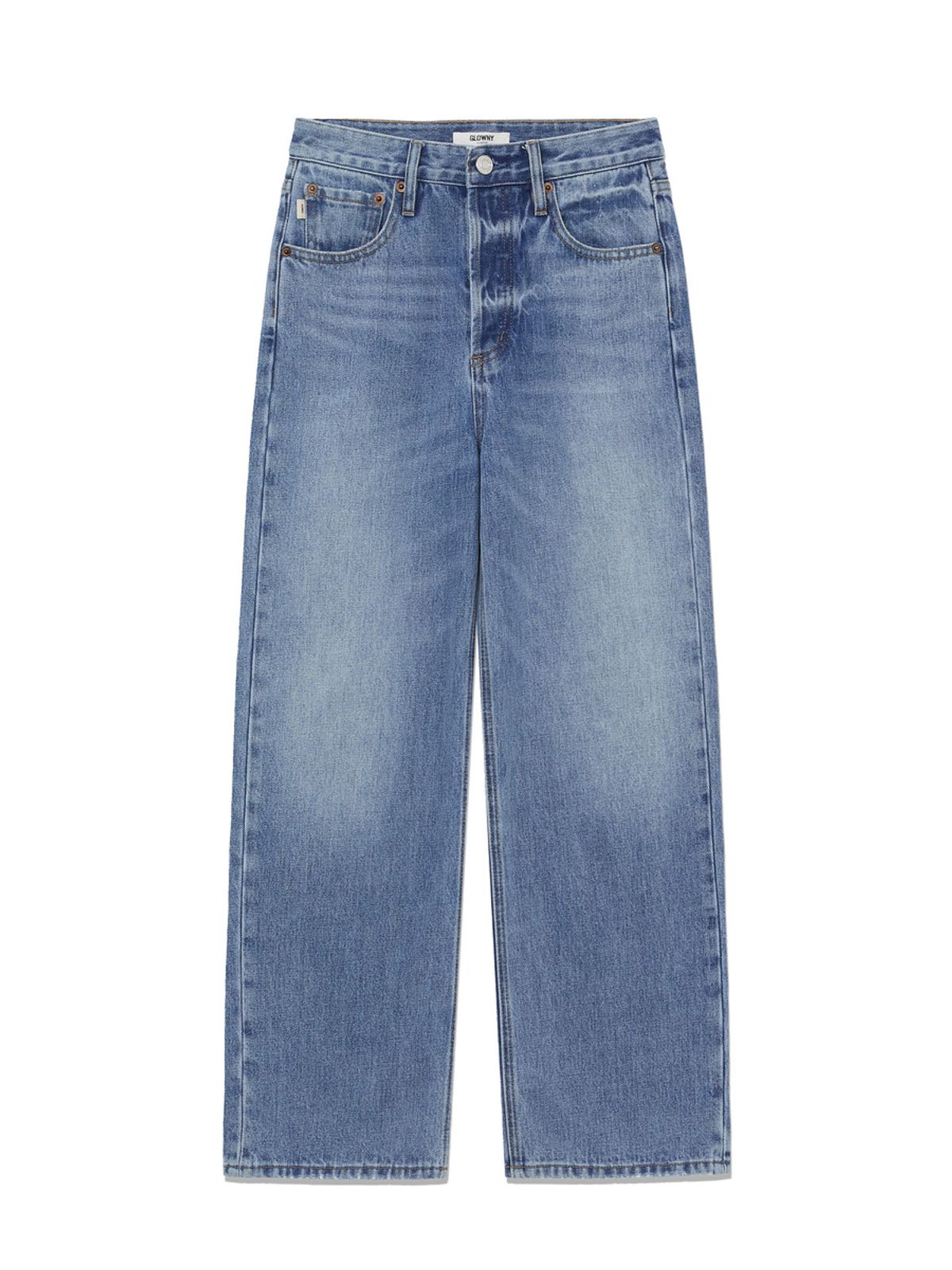글로니(GLOWNY) 90s HIGH RISE WIDE LEG JEANS (SHORT) (MID BLUE)