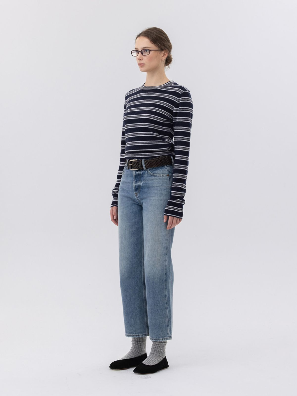 글로니(GLOWNY) 90s HIGH RISE WIDE LEG JEANS (SHORT) (MID BLUE)