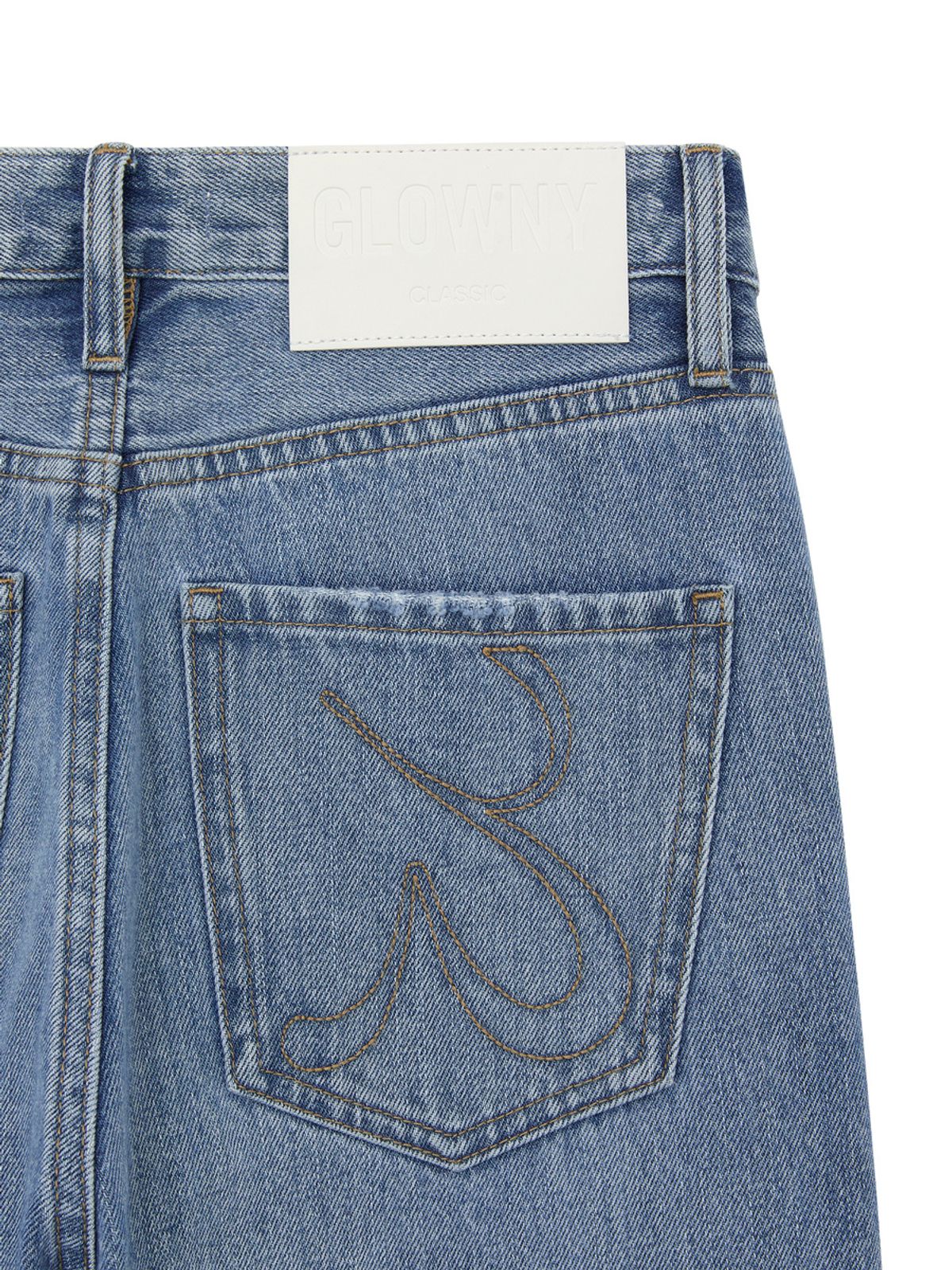 글로니(GLOWNY) 90s HIGH RISE WIDE LEG JEANS (SHORT) (MID BLUE)