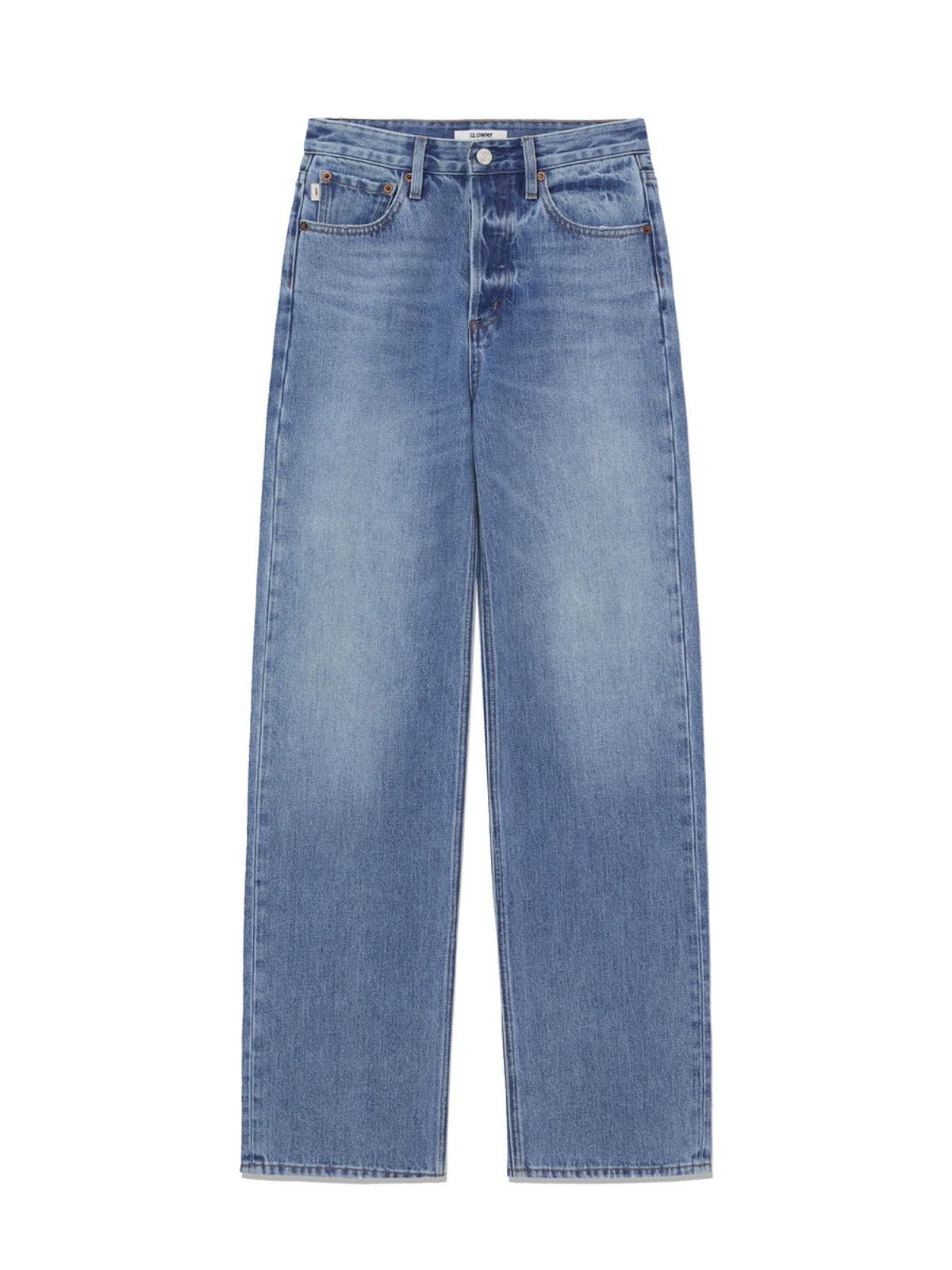 글로니(GLOWNY) 90s HIGH RISE WIDE LEG JEANS (LONG) (MID BLUE)
