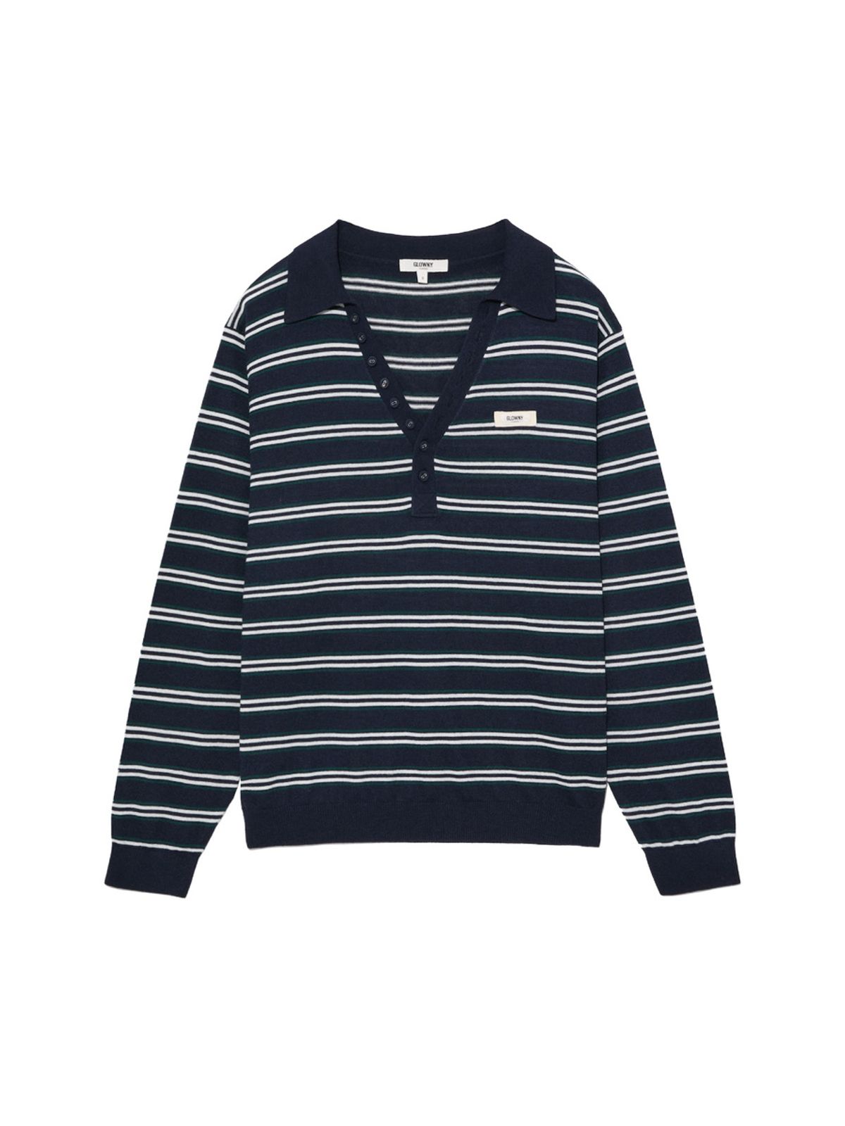 글로니(GLOWNY) G STRIPE HENLEY LOOSE FIT KNIT (NAVY)