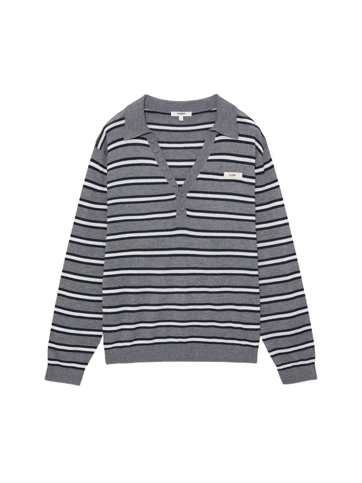 글로니(GLOWNY) G STRIPE HENLEY LOOSE FIT KNIT (GRAY)
