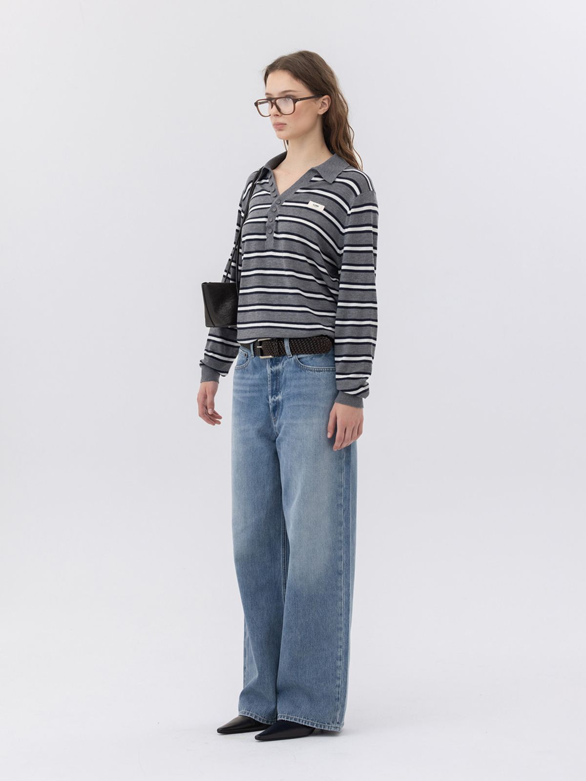 글로니(GLOWNY) G STRIPE HENLEY LOOSE FIT KNIT (GRAY)