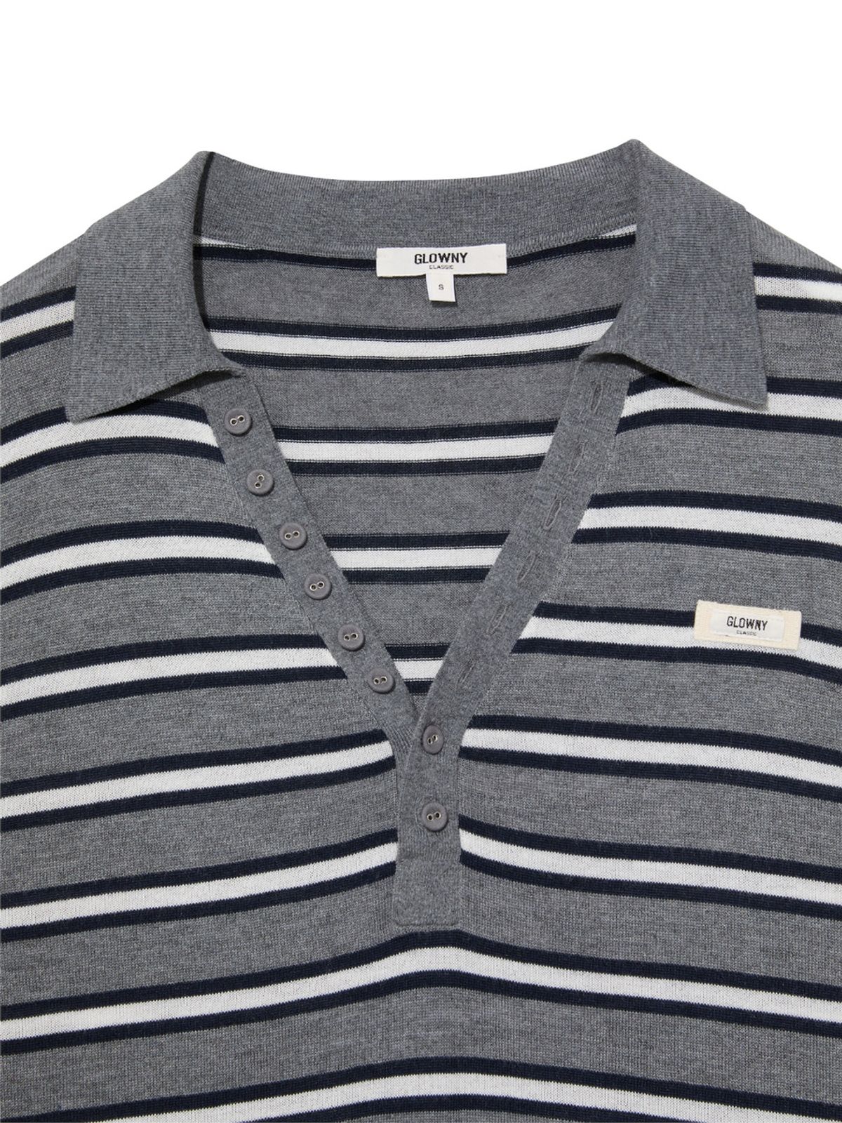 글로니(GLOWNY) G STRIPE HENLEY LOOSE FIT KNIT (GRAY)