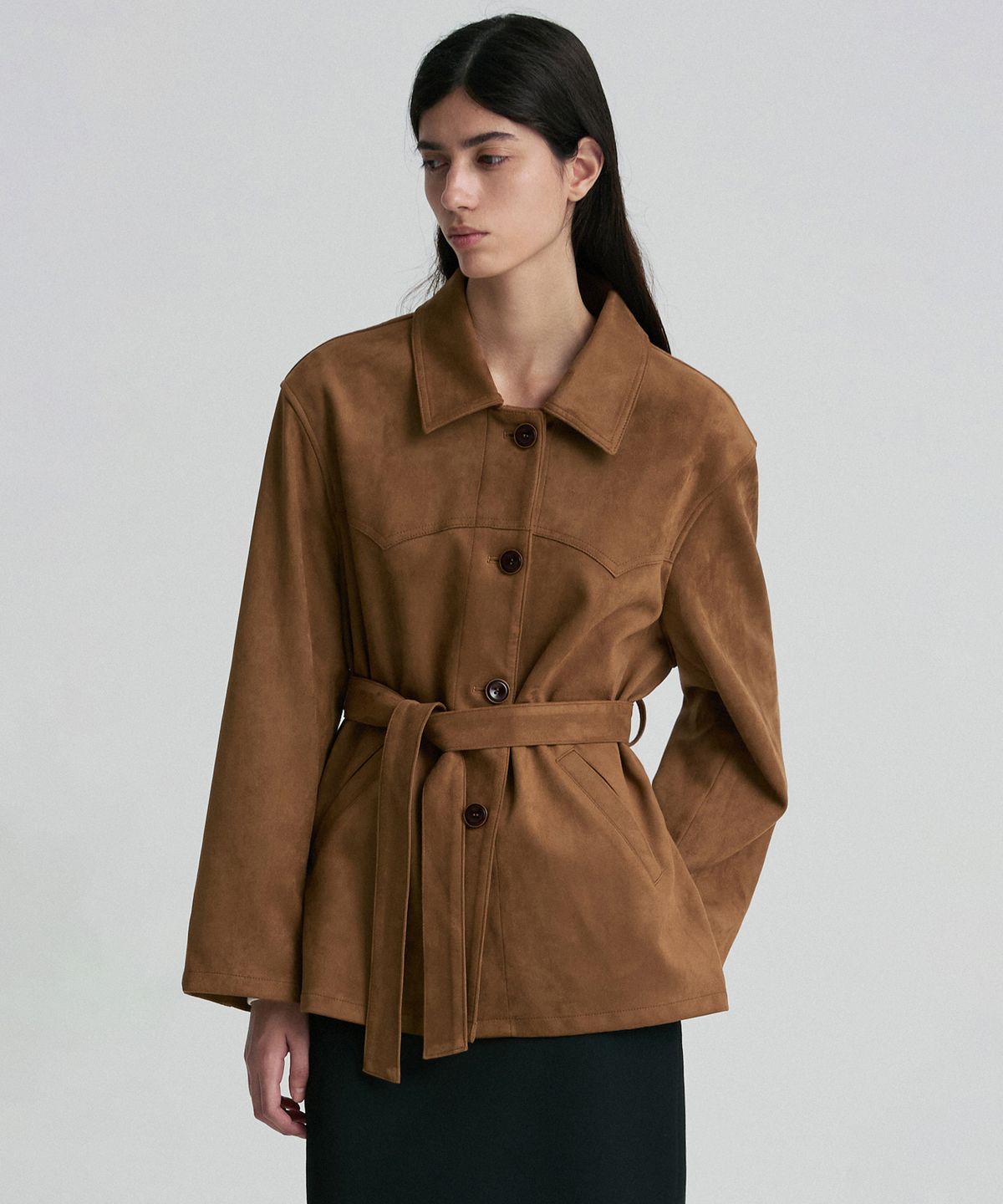 리이(RE RHEE) BELTED OVERSIZED SUEDE SHIRT JACKET