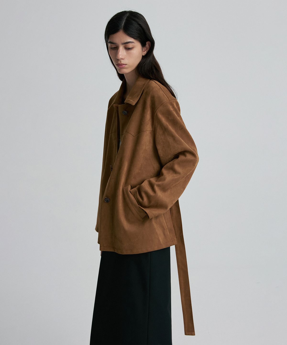 리이(RE RHEE) BELTED OVERSIZED SUEDE SHIRT JACKET