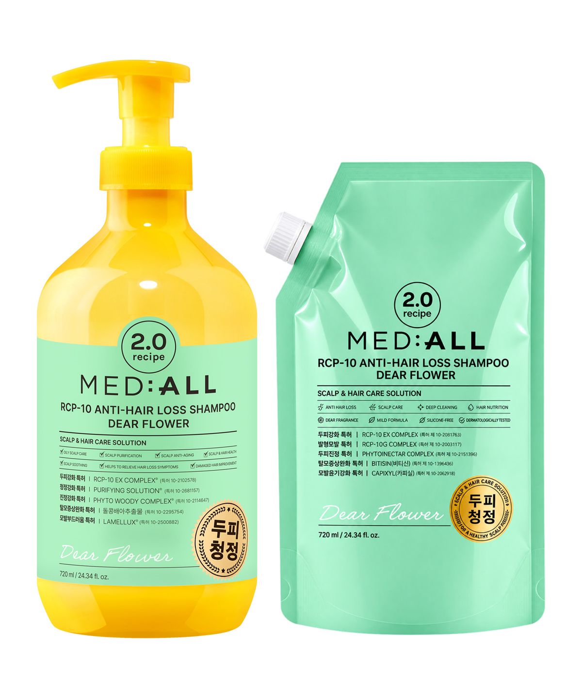 메디올(MEDIALL) RCP-10 안티헤어로스 샴푸 디어플라워향 본품 + 리필팩 구성 720ml + 720ml