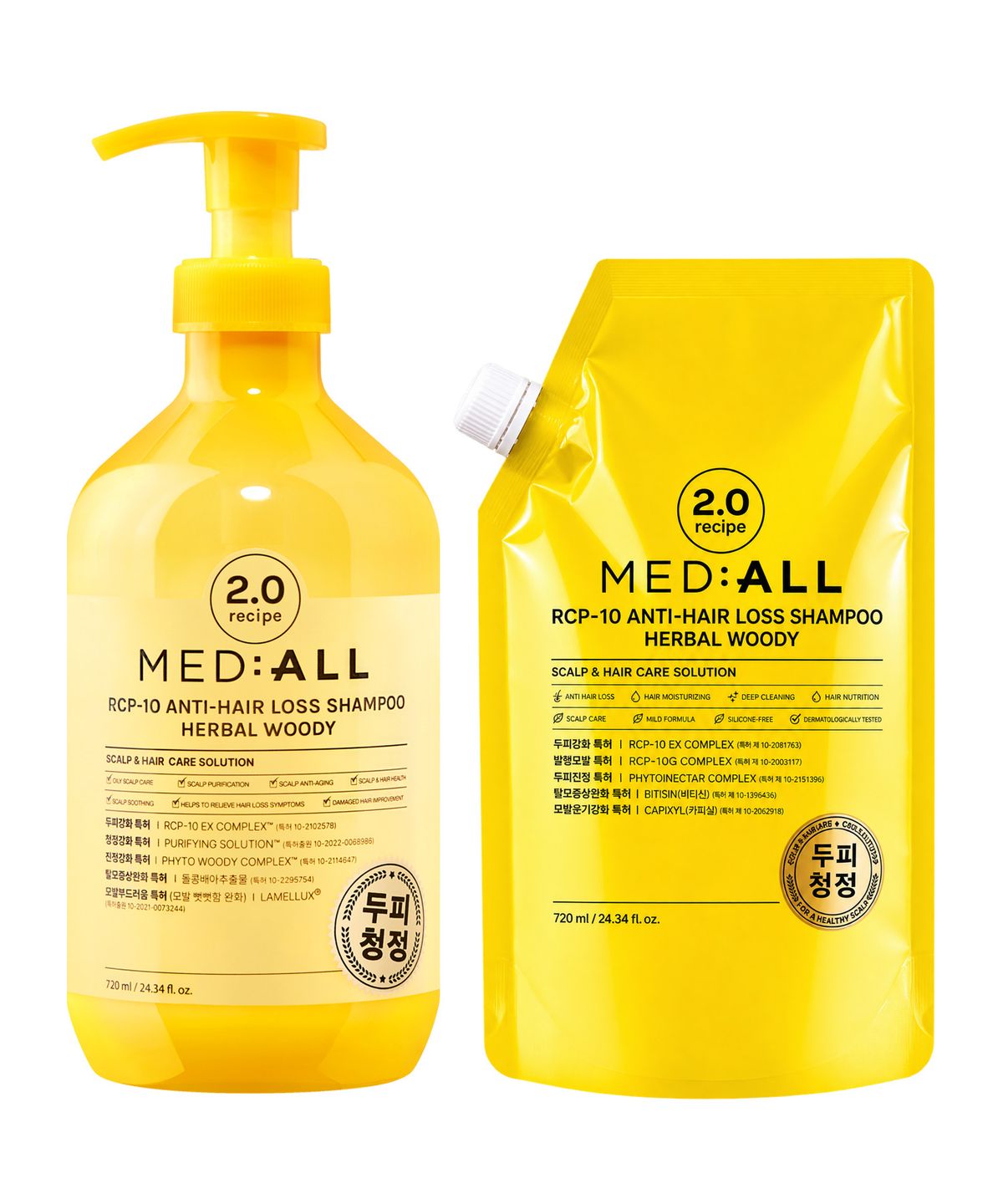 메디올(MEDIALL) RCP-10 안티헤어로스 샴푸 우디향 본품 + 리필팩 구성 720ml + 720ml