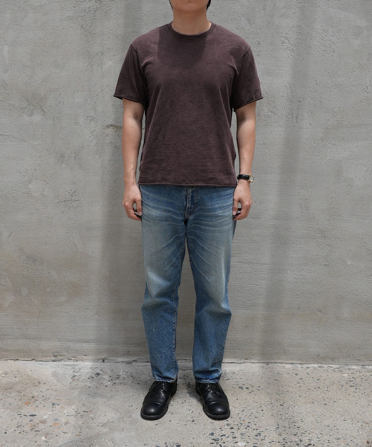 핸즈 엔드(HANDS END) Raw Cut Slub T-shirt Faded Brown