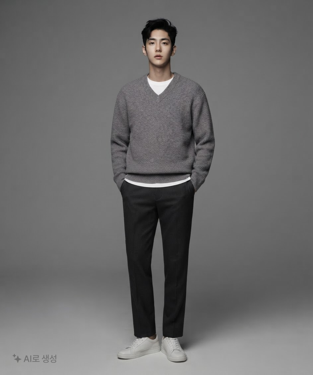 무신사 스탠다드(MUSINSA STANDARD) 램스울 리브드 브이 넥 니트 M