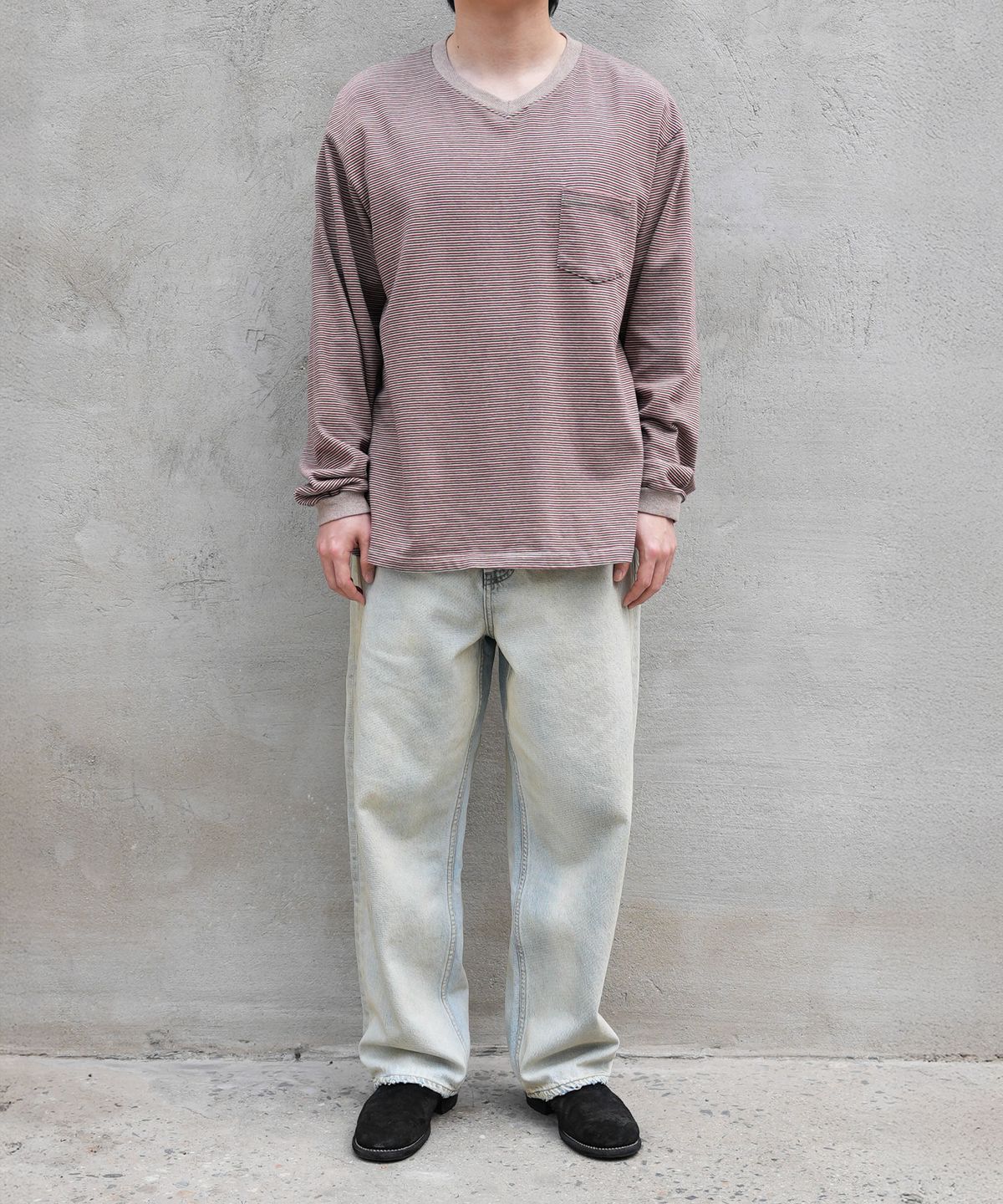 핸즈 엔드(HANDS END) Multi Stripe L/S T-Shirt Beige&Red