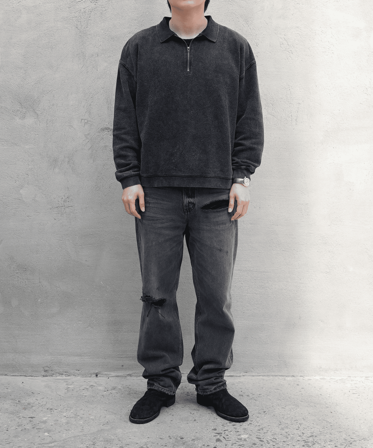 핸즈 엔드(HANDS END) Vintage Half-Zip Sweat Shirt Washed Black