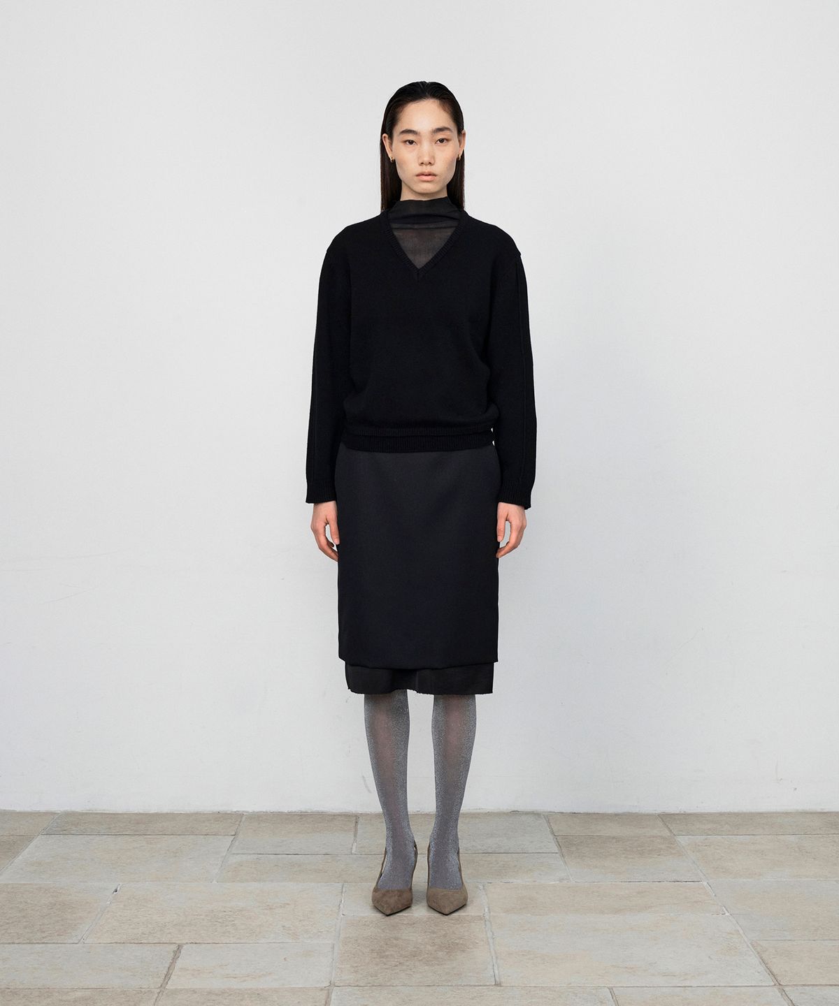 호이테(HEUTE) LESLIE WOOL TWILL LAYERED SKIRT (BLACK)