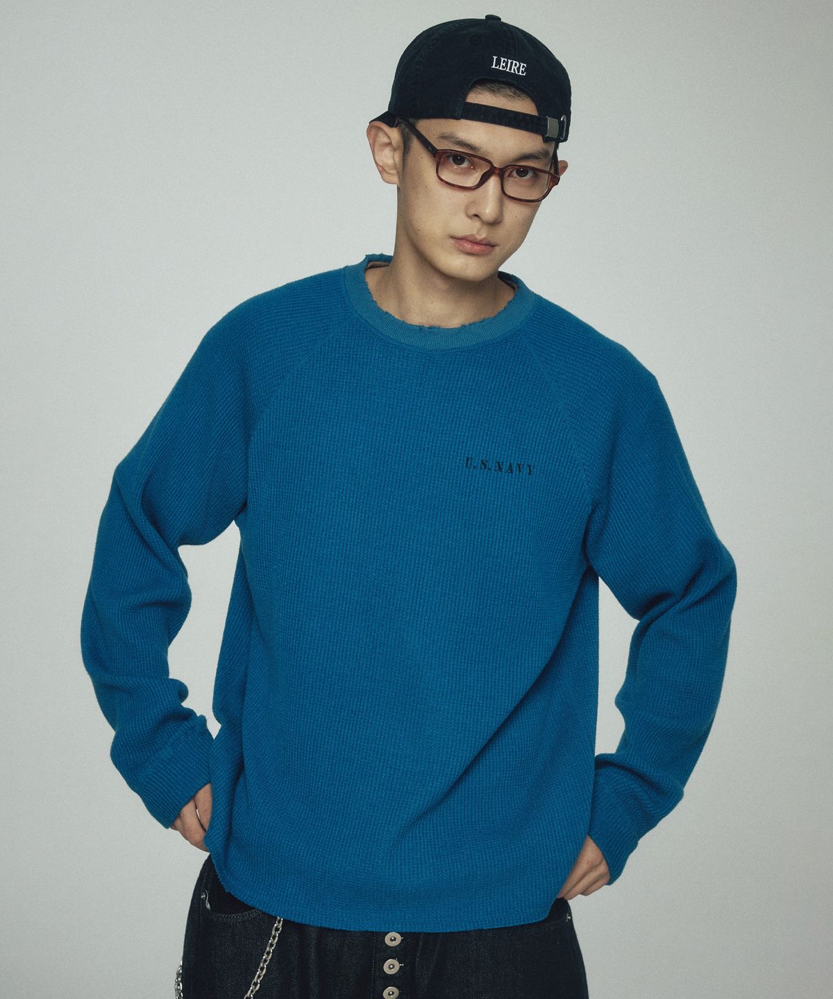 르아르(LEIRE) 와플 레글런 롱슬리브 티셔츠 [블루]