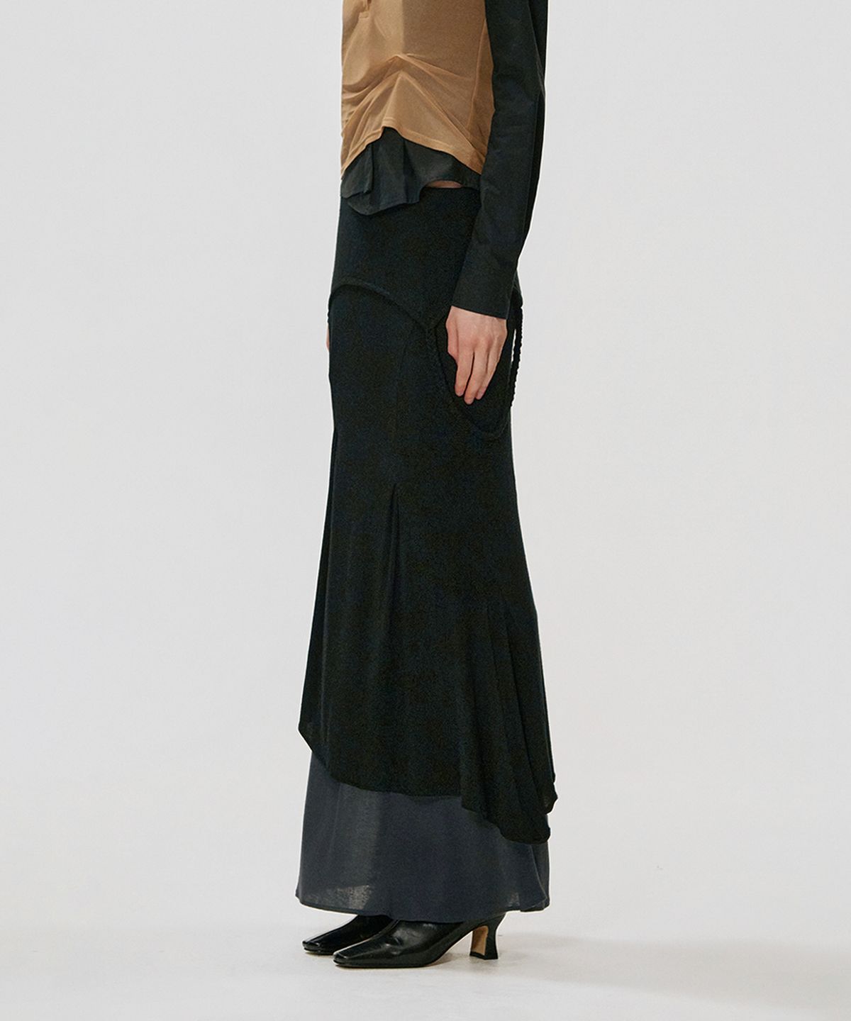 킴지수(KIMZISU) Foldover Layered Long Jersey Skirt_BLACK