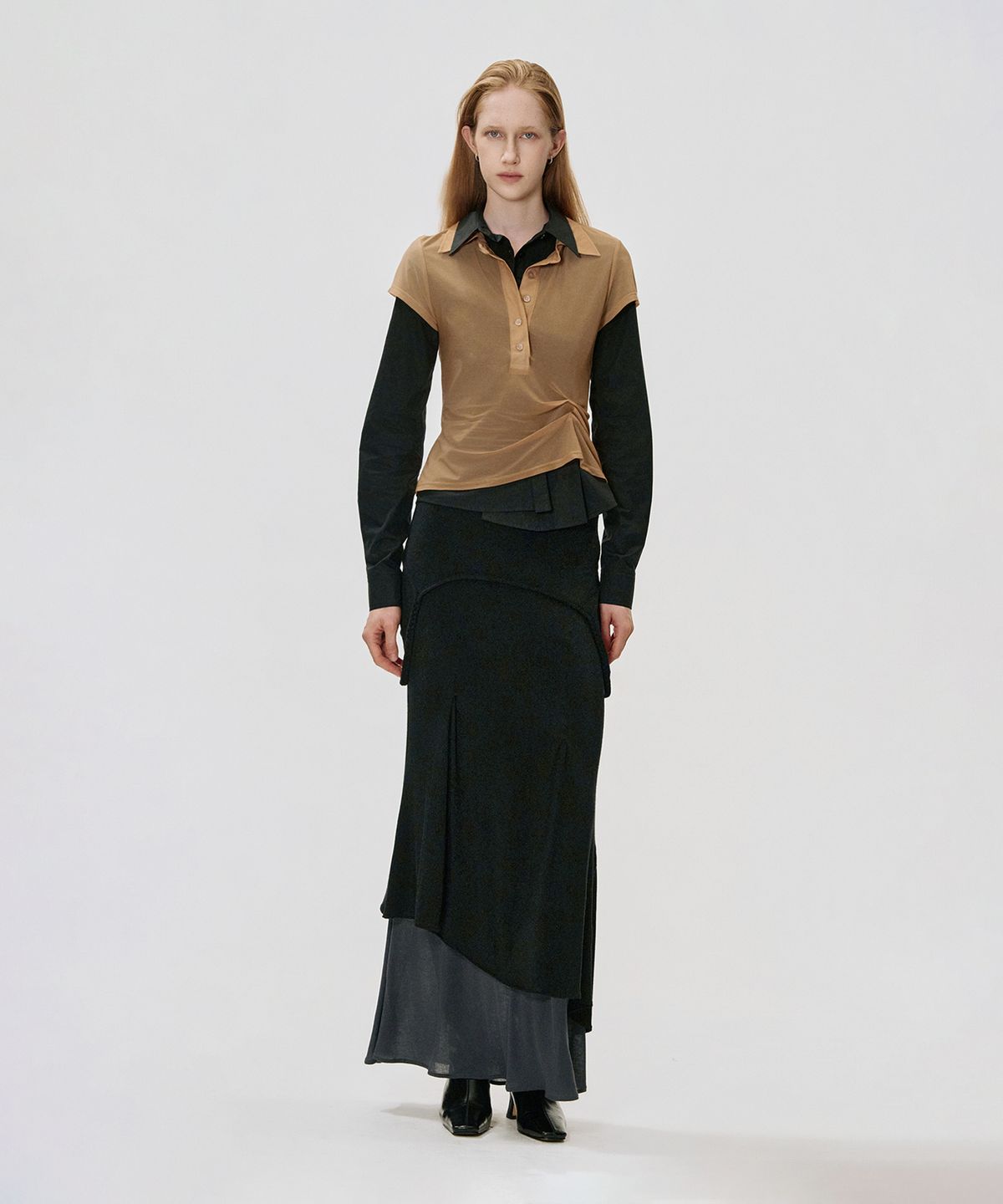킴지수(KIMZISU) Foldover Layered Long Jersey Skirt_BLACK