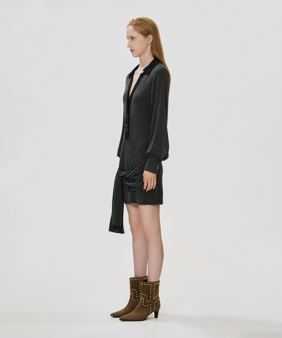 킴지수(KIMZISU) Deep V Wrap Jersey Dress_CHARCOAL