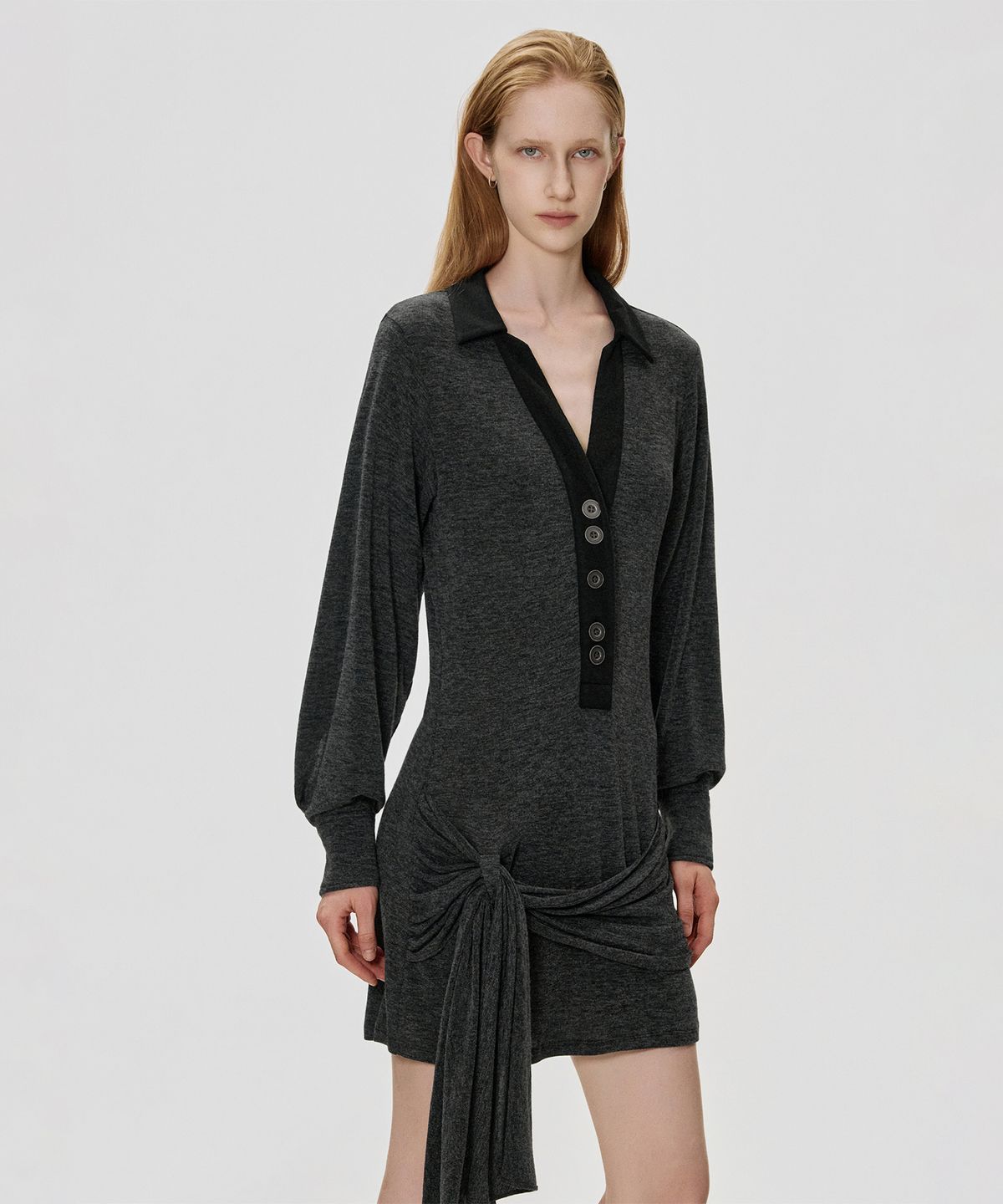 킴지수(KIMZISU) Deep V Wrap Jersey Dress_CHARCOAL