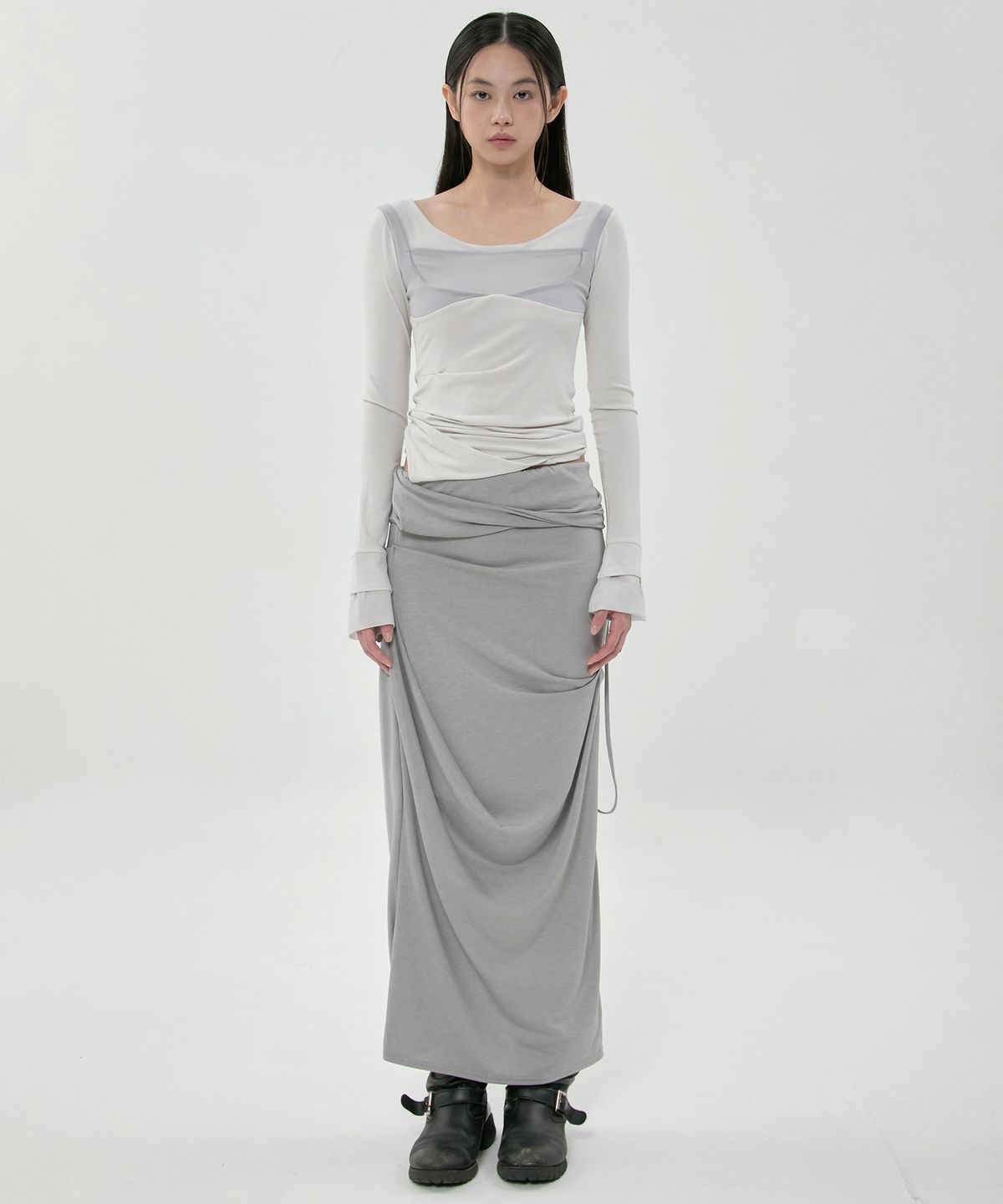 플레어업(FLAREUP) Sculpted Draped Long Skirt (FL-279_Gray)